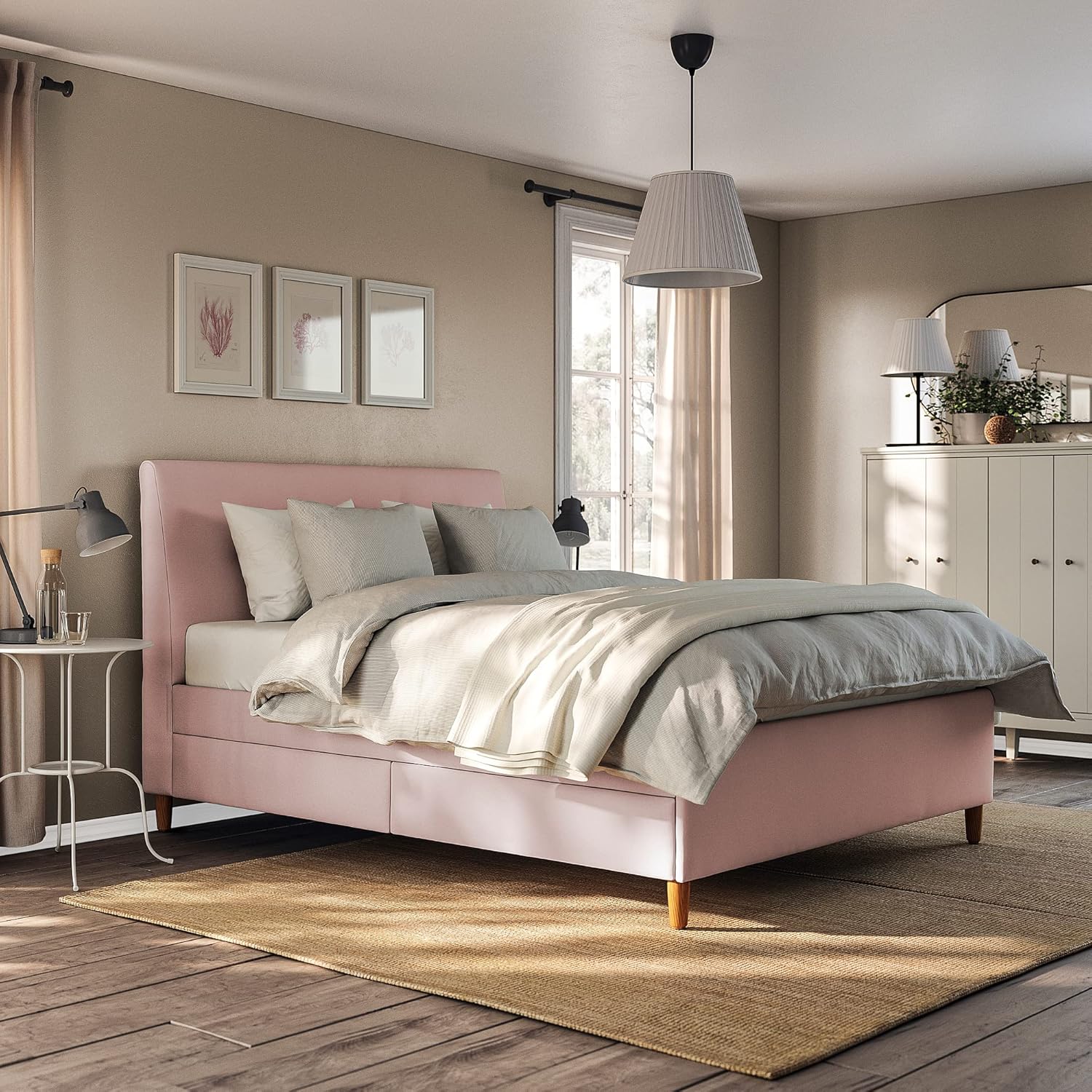 IDANÄS upholstered storage bed, 160x200 cm, Gunnared pale pink