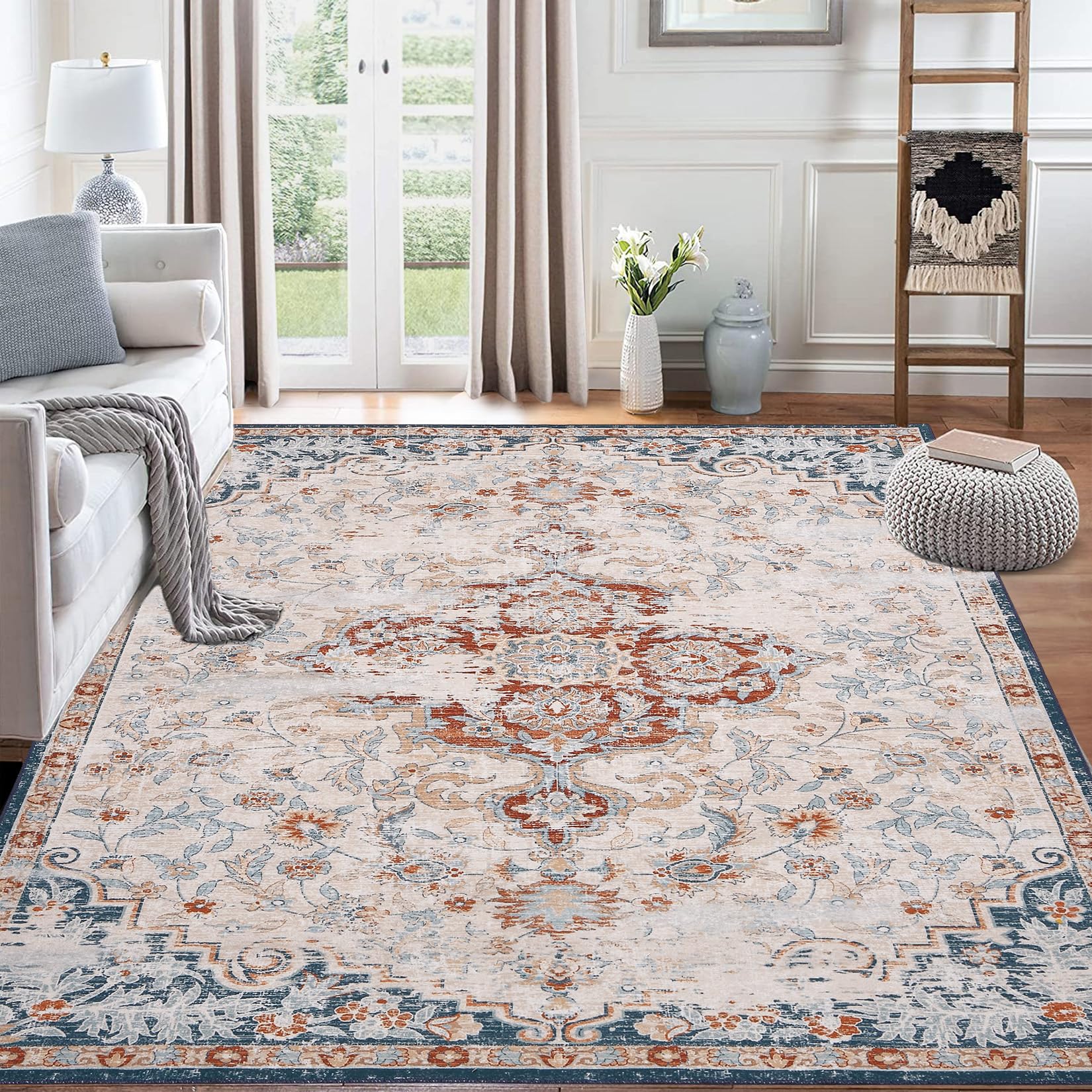 Fashionwu Washable Rug 9x12 Floral Large Area Rug Boho Disstressed ...