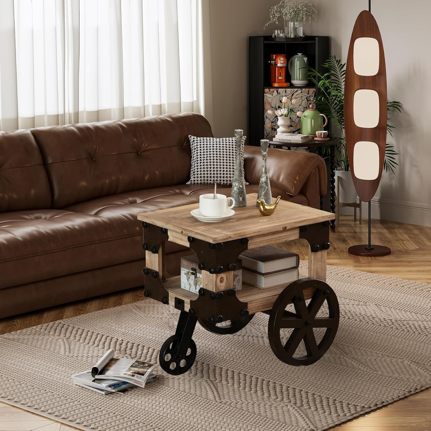 Vintiquewise Farmhouse Wagon-Style End Table with Storage Shelf & Rolling Wheels Vintage Wood Accent Table for Living Room Bedroom or Entryway Compact Decorative Multi-Functional & Stylish Display