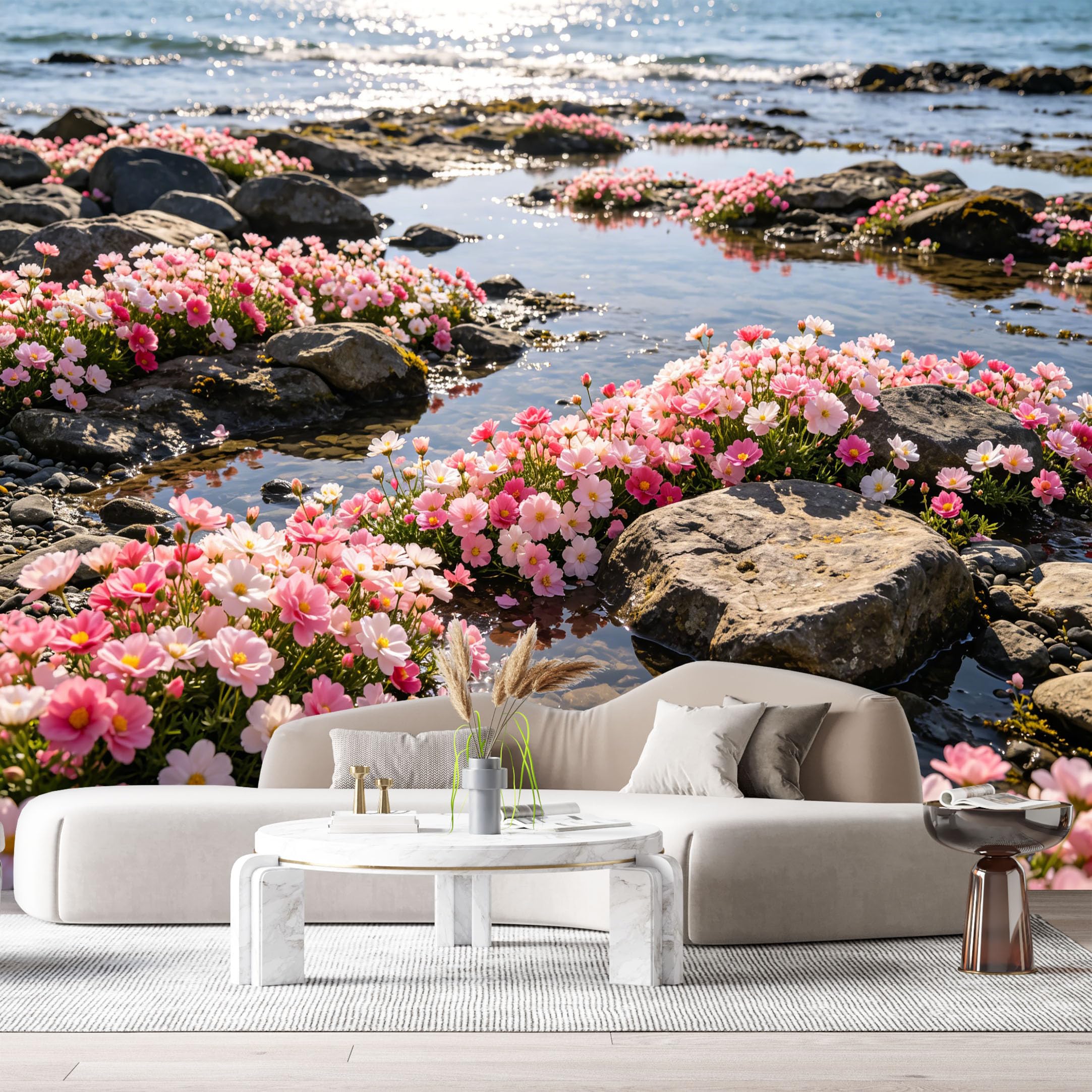 Custom Size Wall Murals Coastal Landscape Pink Floral Rocky Shore Botanical Watercolor SelfAdhesive Wall Fabric Removable Large Wallpaper for Photo Living Room