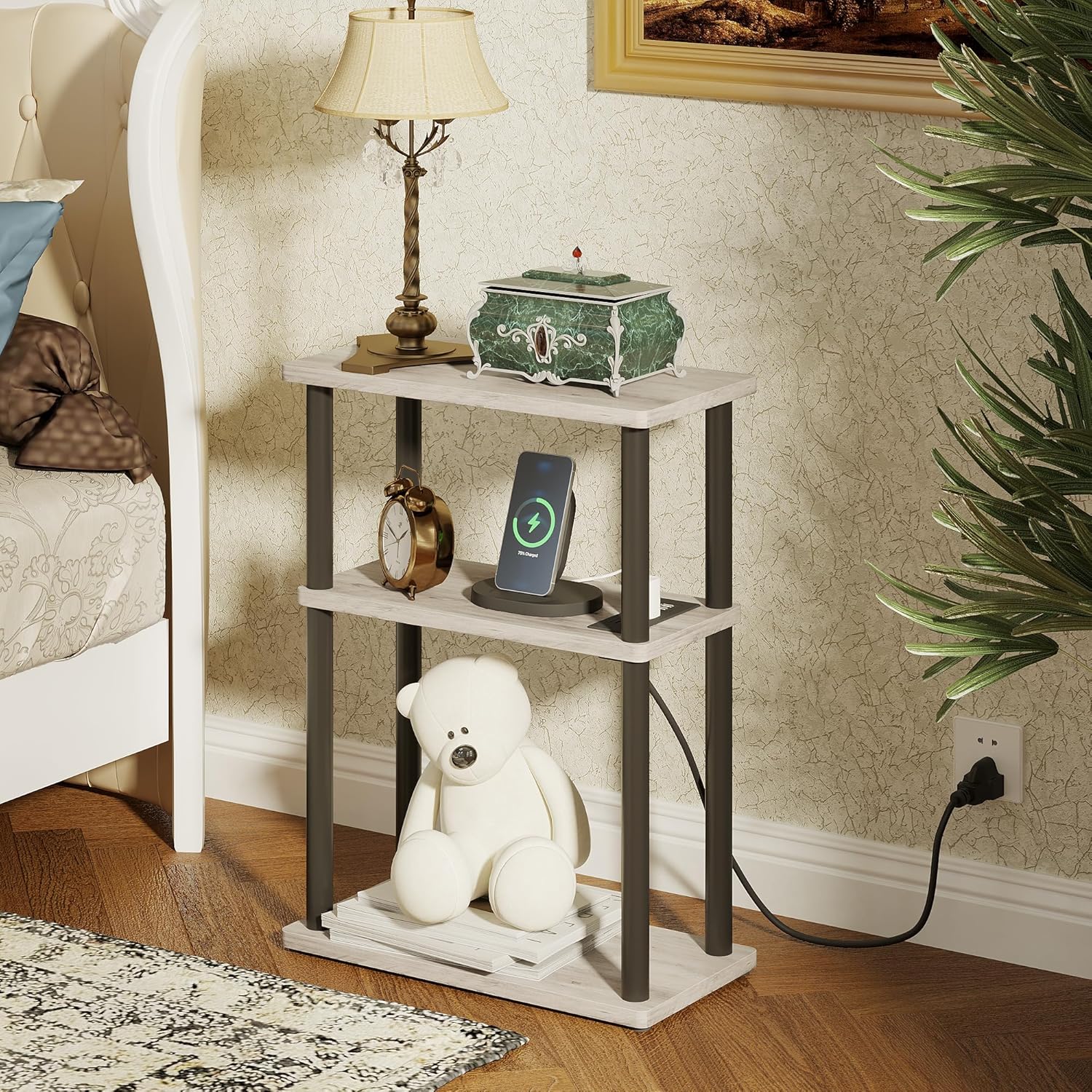 Small Side Table with Charging Station, Set of 2 Narrow End Table