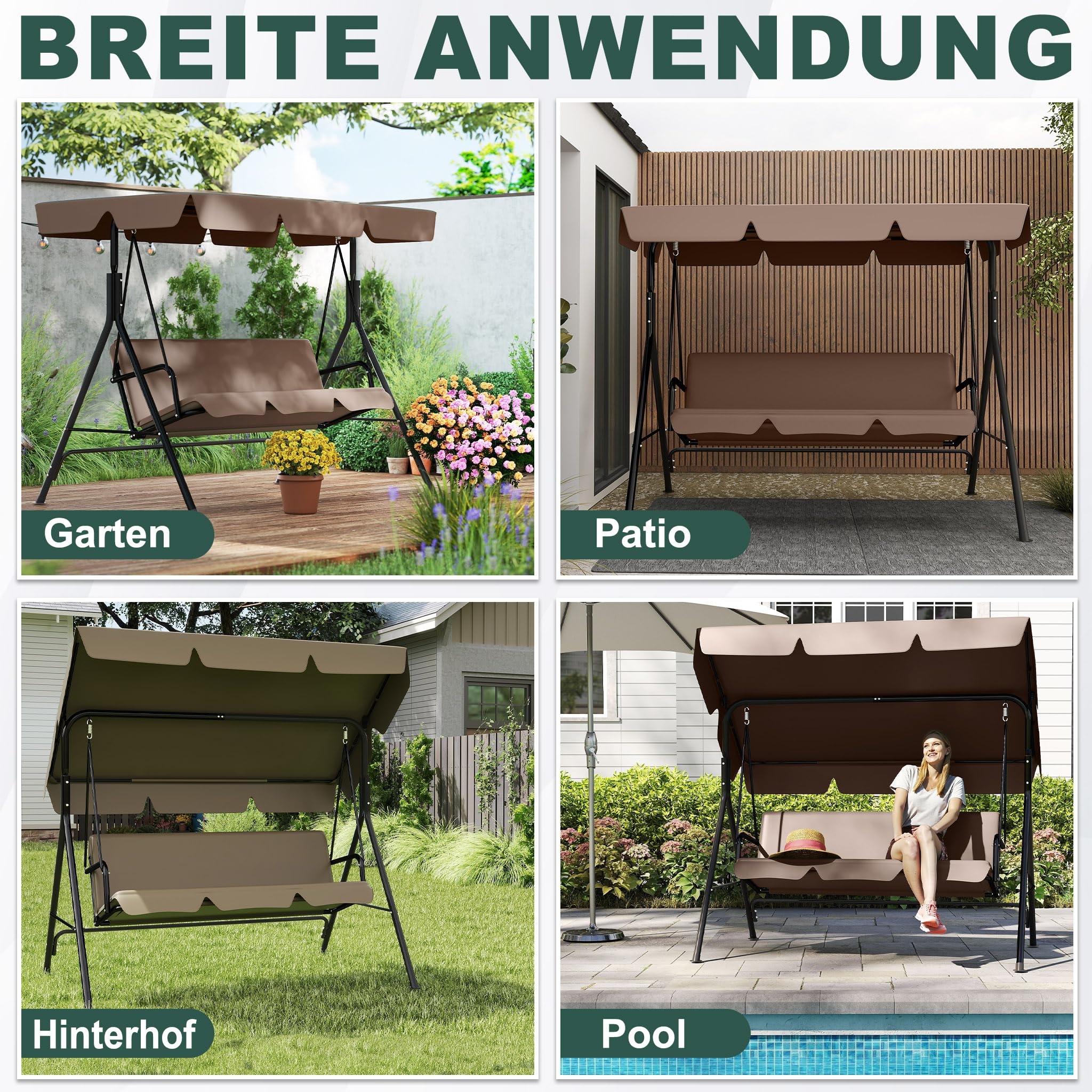 LZQ Balançoire Hollywood 3 places résistante aux intempéries - Avec toit réglable - 176 x 110 x 152 cm - Charge maximale : 200 kg - Pour extérieur, intérieur et extérieur, marron foncé