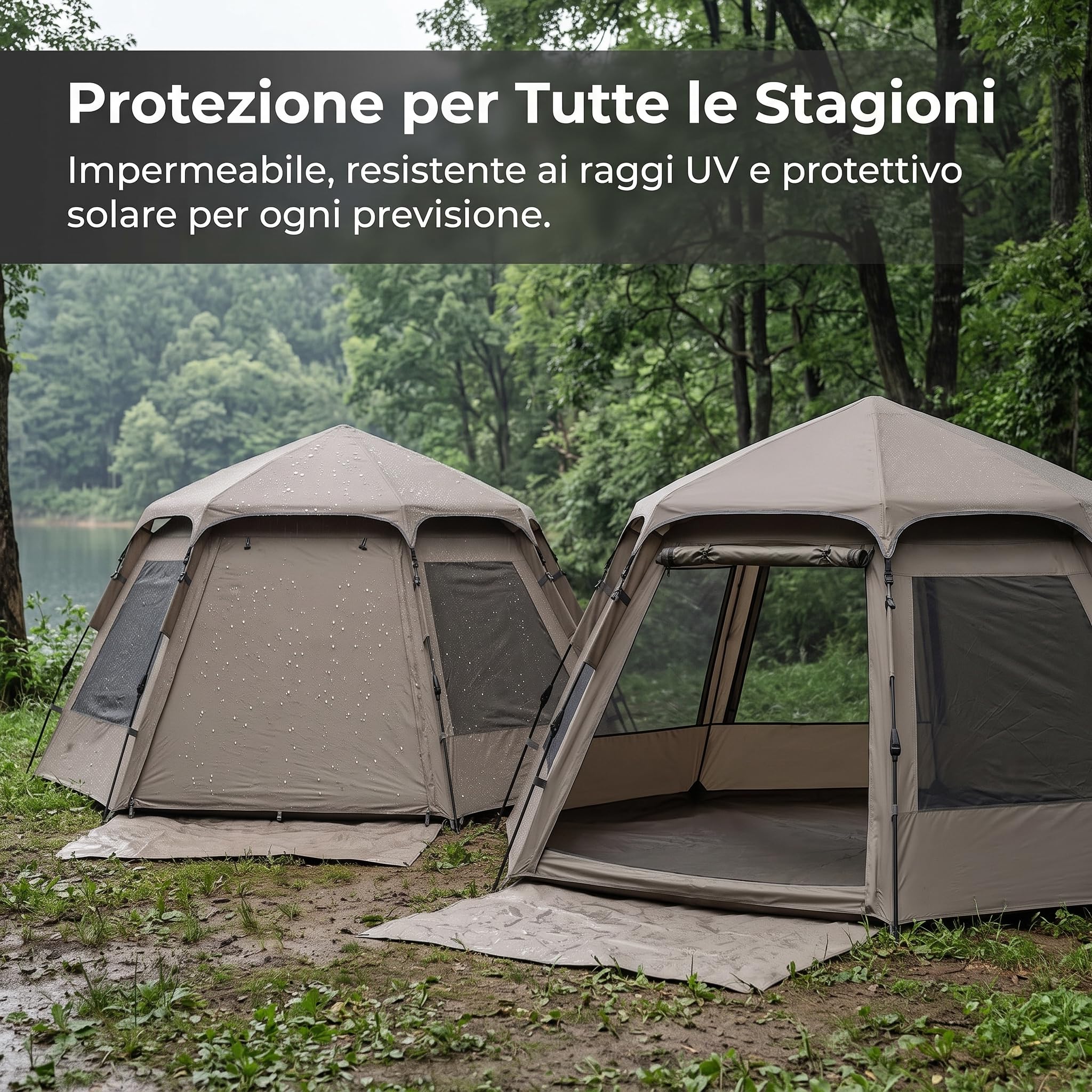 Camping Zelt, Zelt wasserdicht, Automatisches Zelt für 2, 3, 4 oder 6 Personen, Hexagonal, Zelt + Feuchtigkeitsmatte, Groß