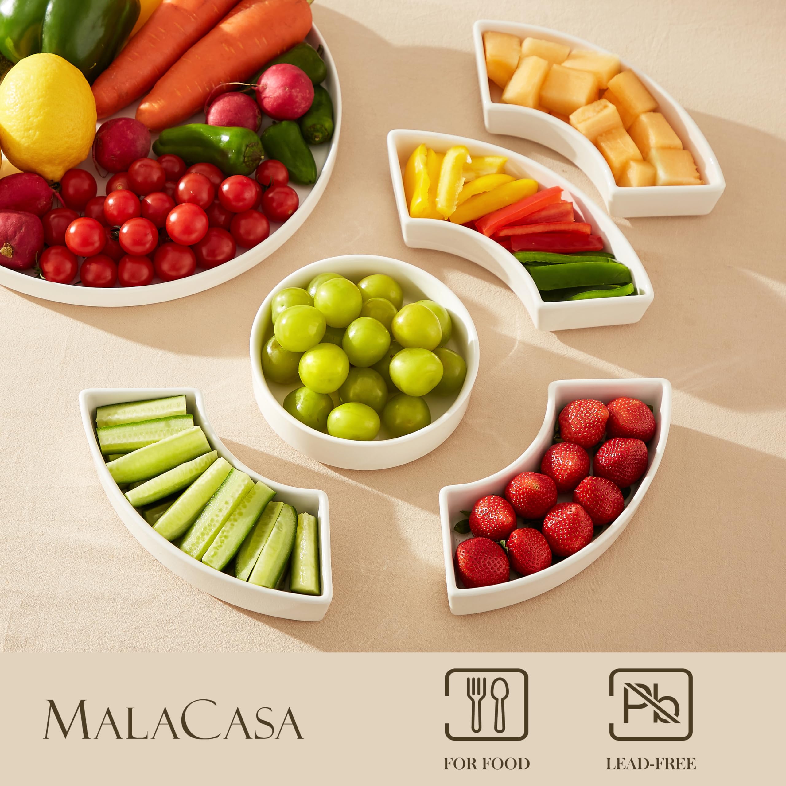 MALACASA Piatti da portata divisi in porcellana, vassoio per condimenti, ciotole per feste, perfette per patatine e salse, frutta, verdura, caramelle e snack, vassoio da portata per feste e