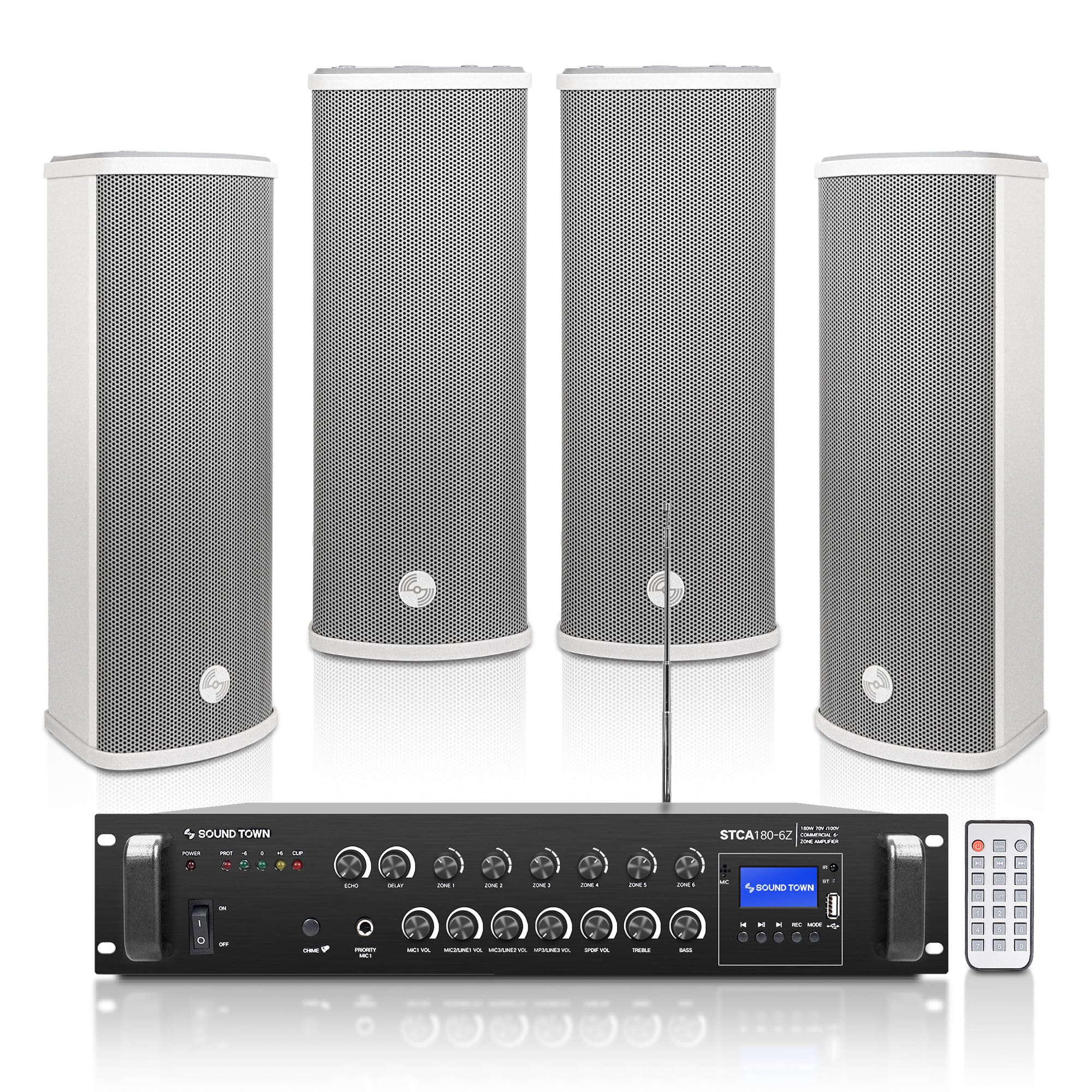 Sound Town Commercial Restaurant Bluetooth Amplifier + Column Speaker Set, with One 6-Zone 70V/100V Amplifier with Bluetooth, 4 x All-Weather Dual 5-Inch Column Speakers, Grey (STCA180X4CL25G)