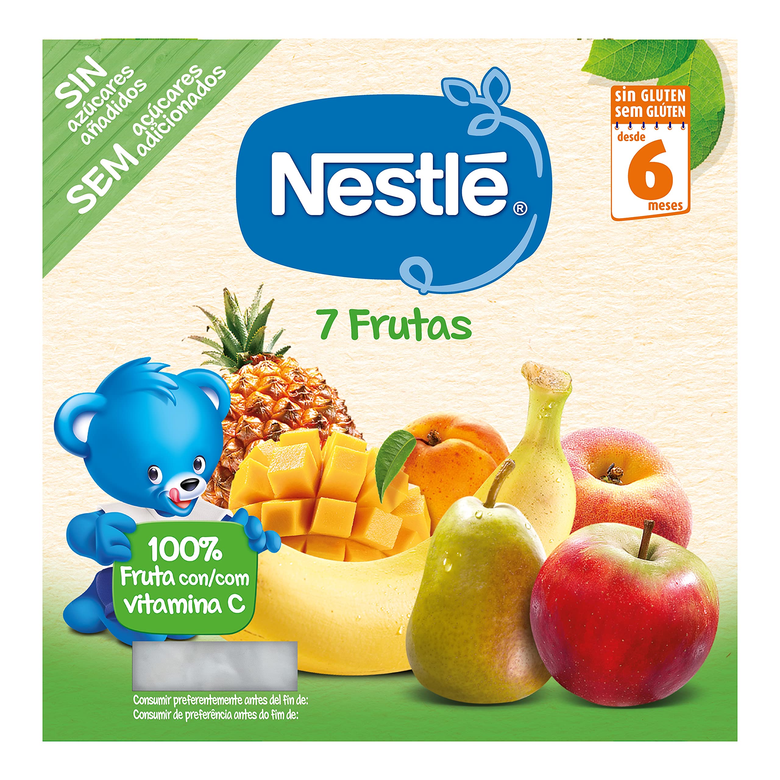 NESTLE Puré 7 Frutas, desde 6 meses, Pack Tarrinas Pack de 6 (4x100g), Fórmula mejorada