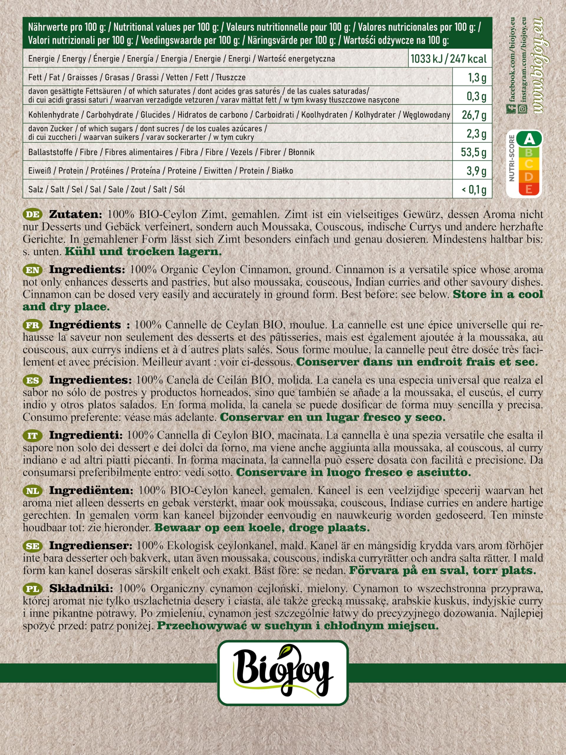 Biojoy Canela de Ceylan en Polvo Ecológica 250 g, Ceilán Canela molida Cinnamomum verum