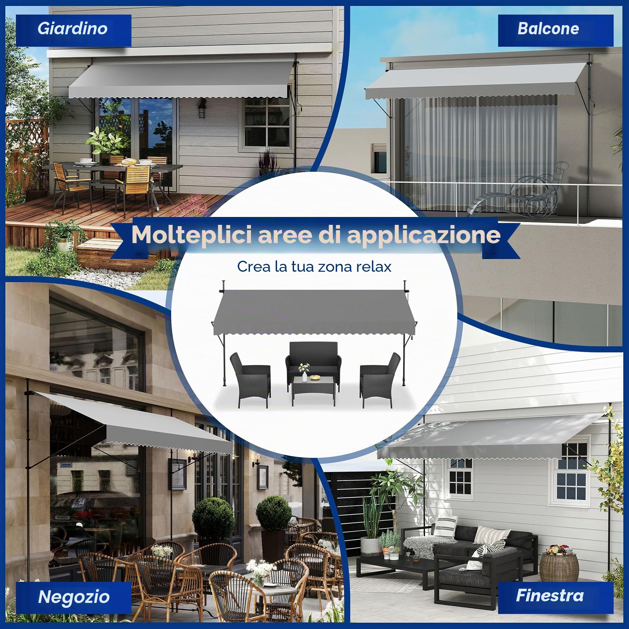 Tenda da sole con morsetto, per balcone, senza foratura, regolabile in altezza, resistente ai raggi UV, impermeabile con manovella (250 cm di larghezza, grigio chiaro)