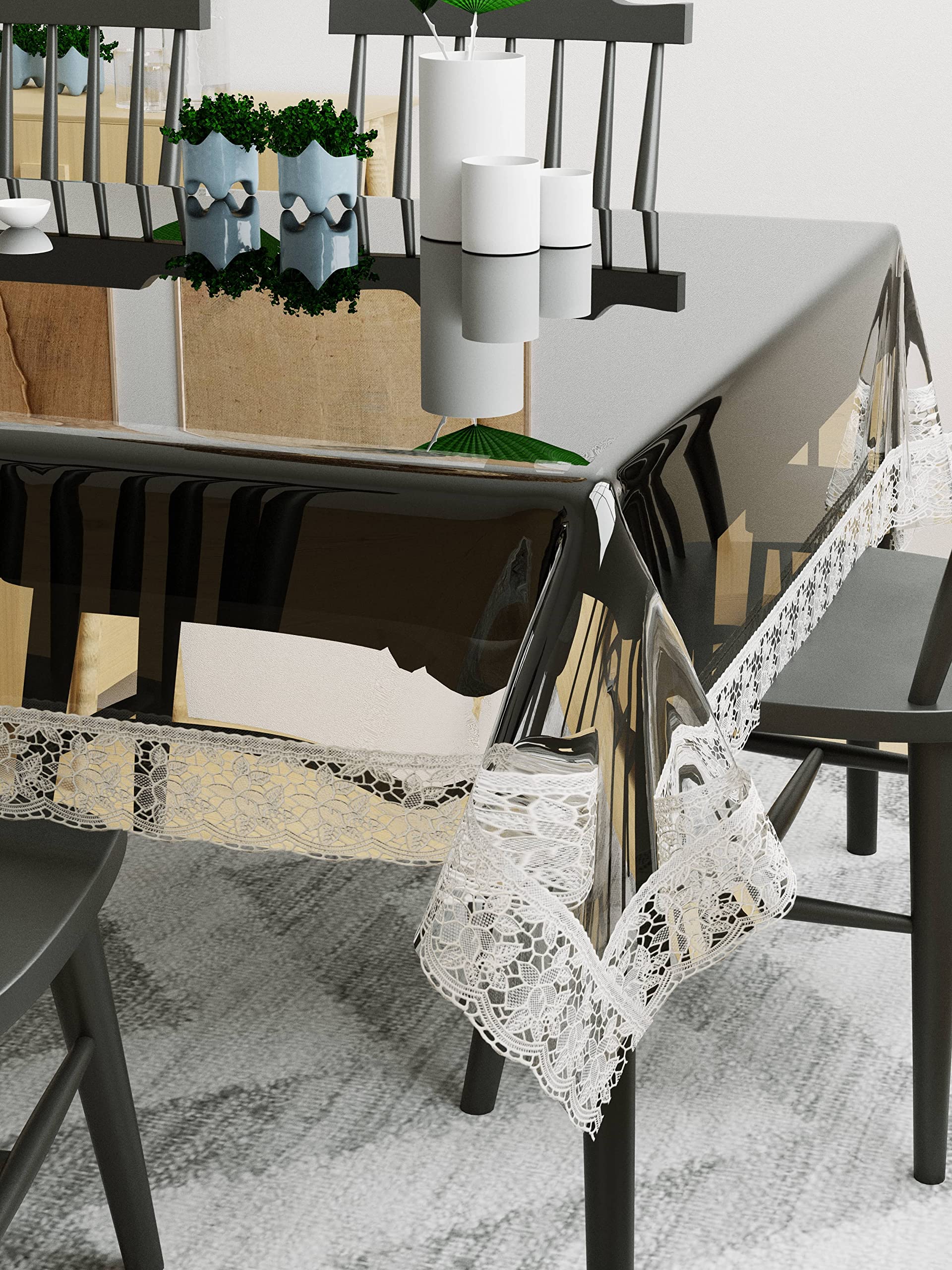 Dream Weaverz Transparent Dining Table Cover 6 Seater with Stitched Silver Border