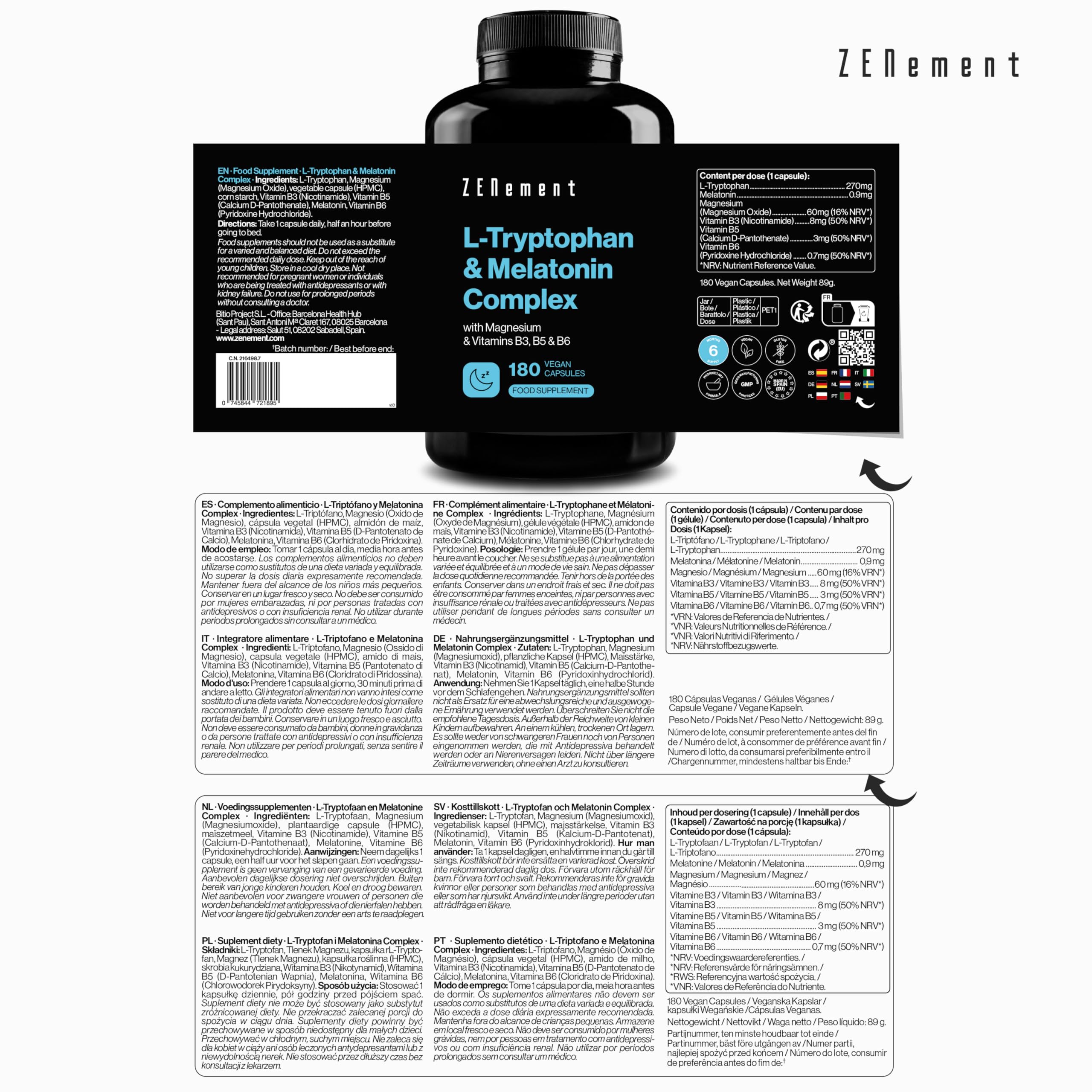 L-Triptófano con Melatonina, Magnesio y Vitaminas B3, B5 y B6, 180 Cápsulas Veganas (Suministro para 6 meses) | Induce al Sueño, Para Dormir Bien | Altas dosis | Zenement