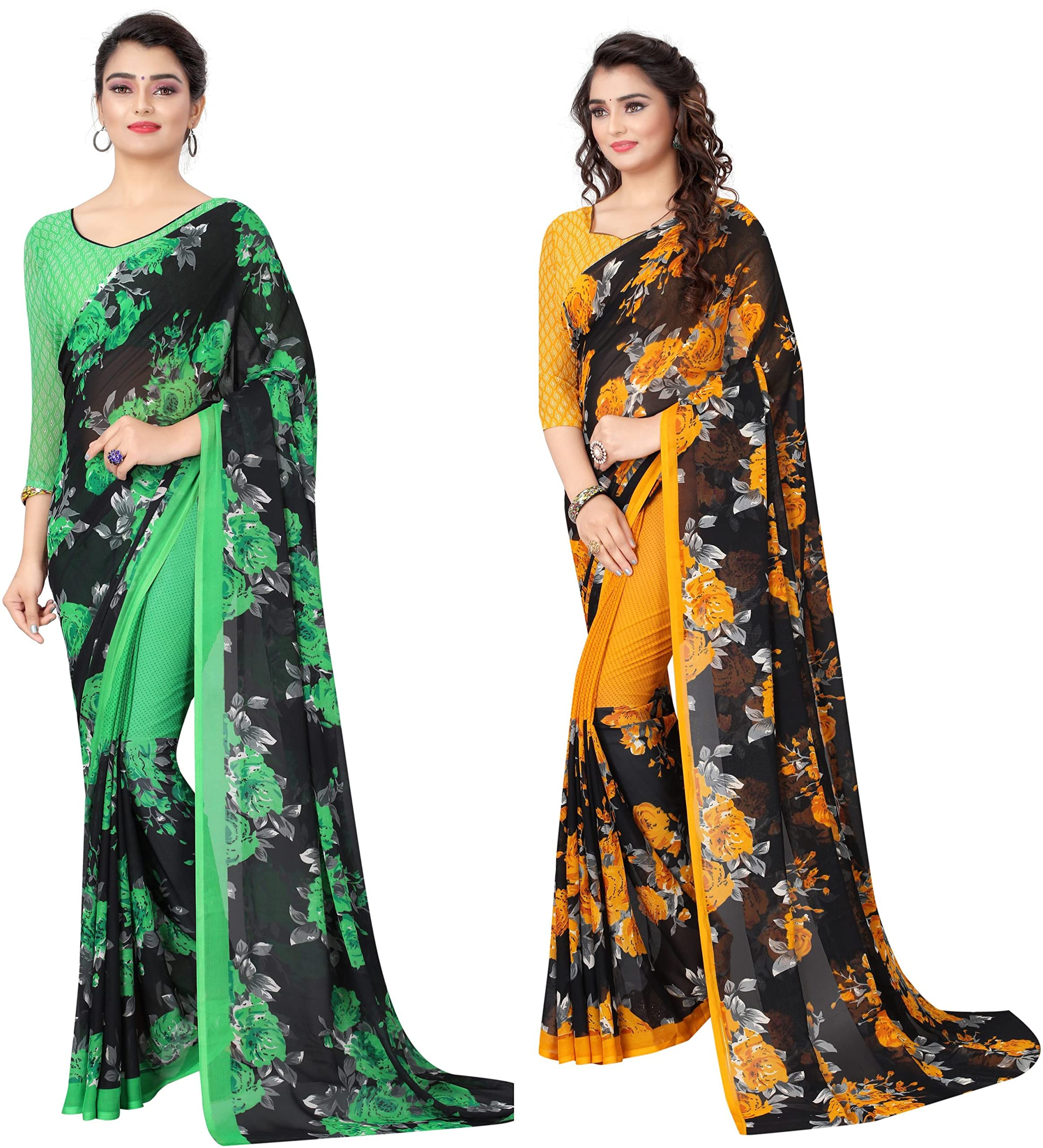 yashika Women's Pure Georgette Saree Combo Green_Floral Yellow-picture-16