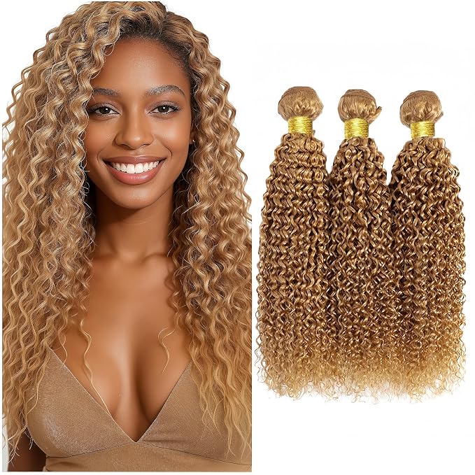 Honey Blonde Human Hair Bundles 24 26 28 Inch 12A Curly Bundles Human Hair Brazilian Virgin Hair 3 Bundles Double Weft Hair Extensions for Women 27 Color