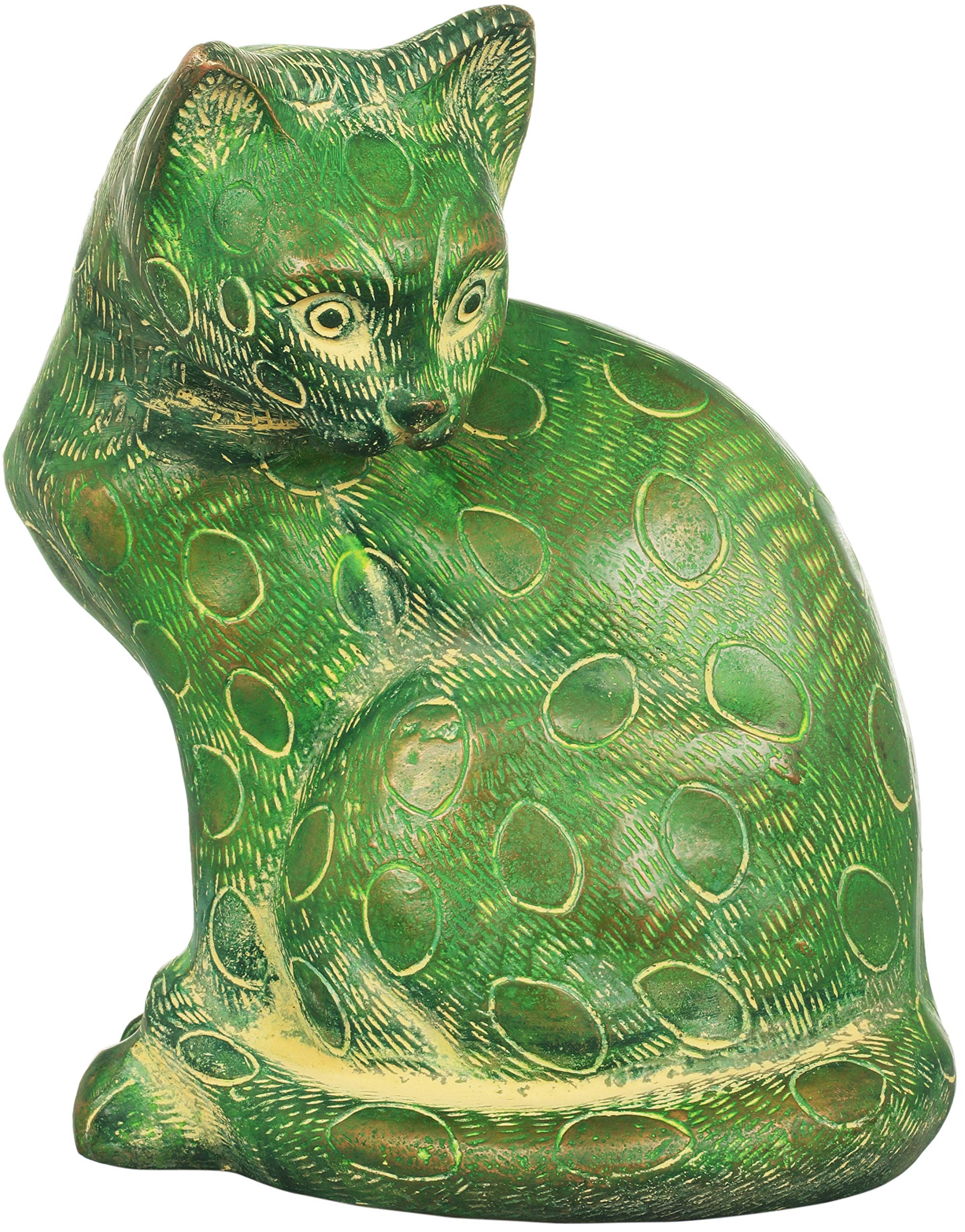 Exotic India cat statue laiton vert Chola, sculpture chat de décoration intérieure art inde