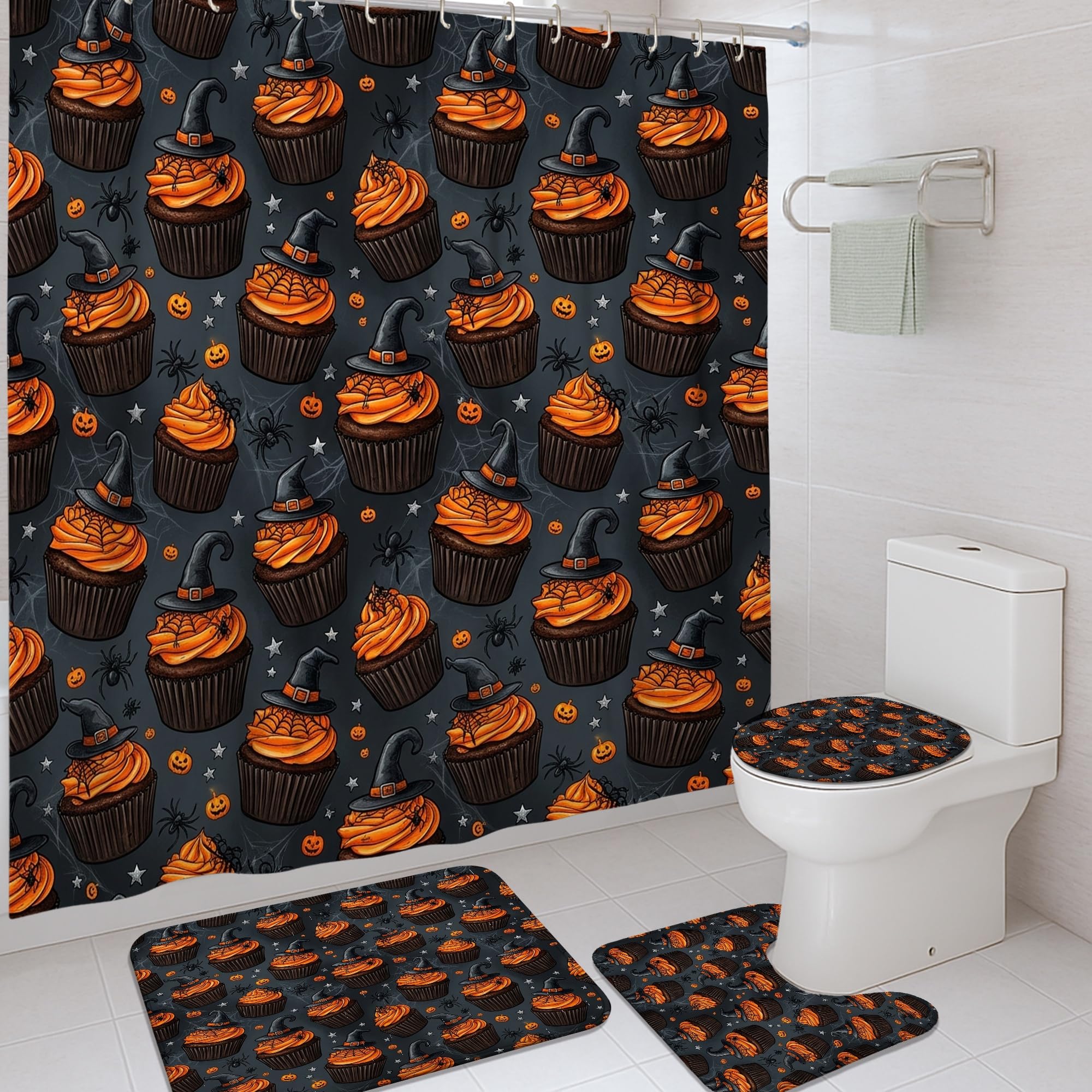 Ensemble rideau de douche citrouilles et tapis en tissu haut de gamme