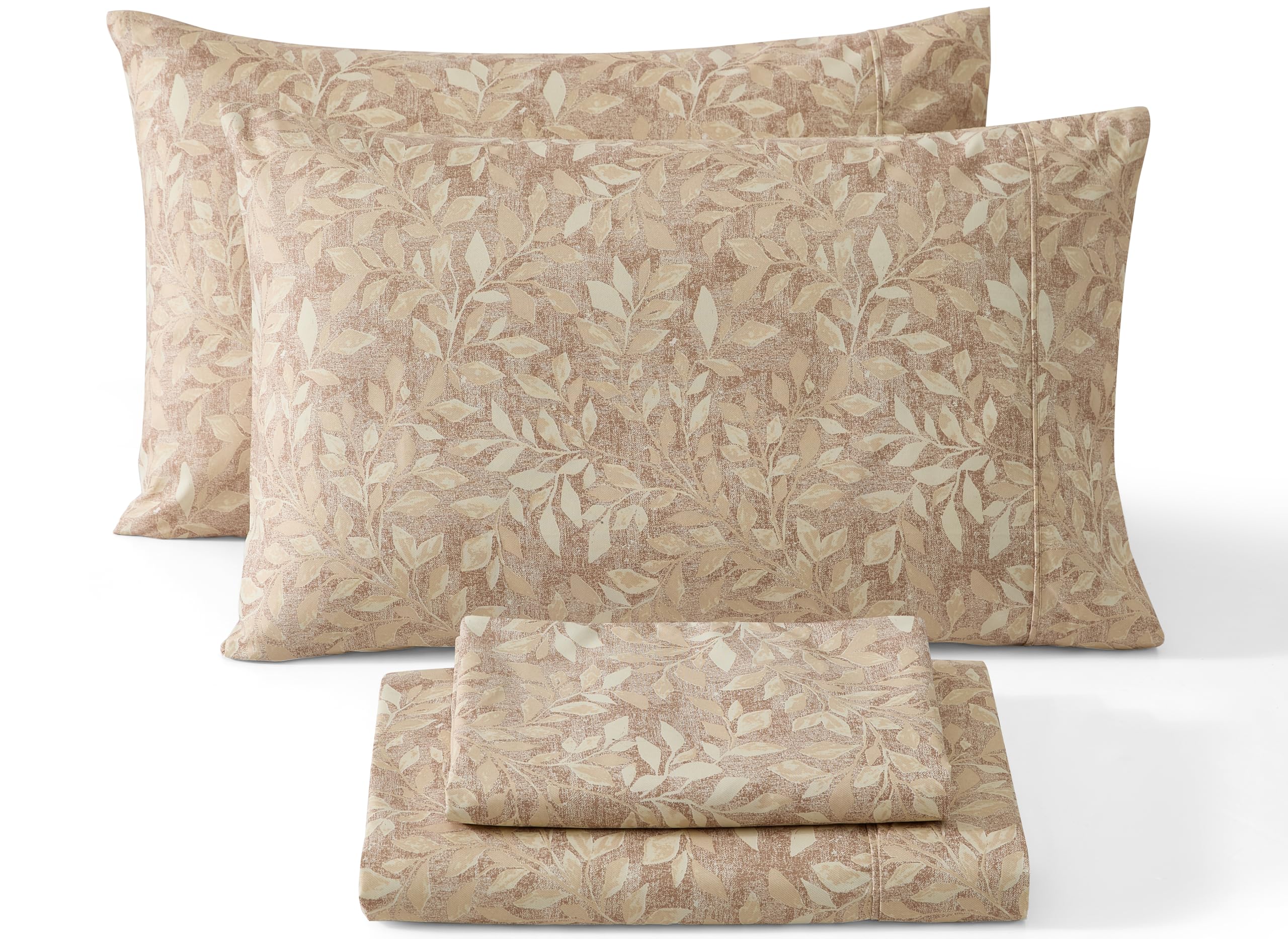 HLC ME Leaves Printed - Brown Taupe Tan Floral Sheets - Cottage Patterned Bed Sheet Set - Wrinkle