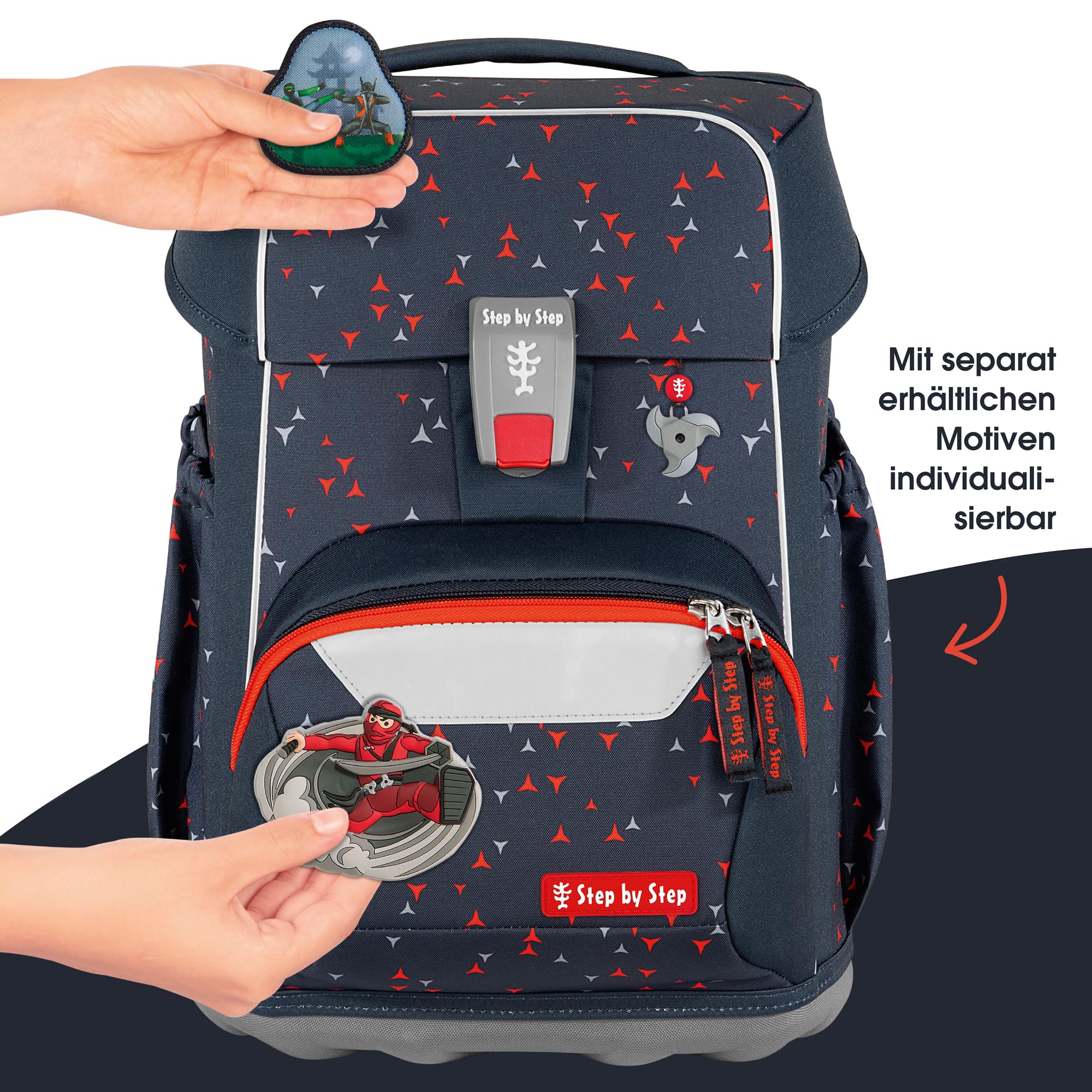 Step by Step Basis Schulranzen-Set „Anthrazit Triangles“, 4-teilig, grau, ergonomischer Tornister mit Reflektoren, Hüft- und Brustgurt, für Kinder ab der 1. Klasse, 20 Liter
