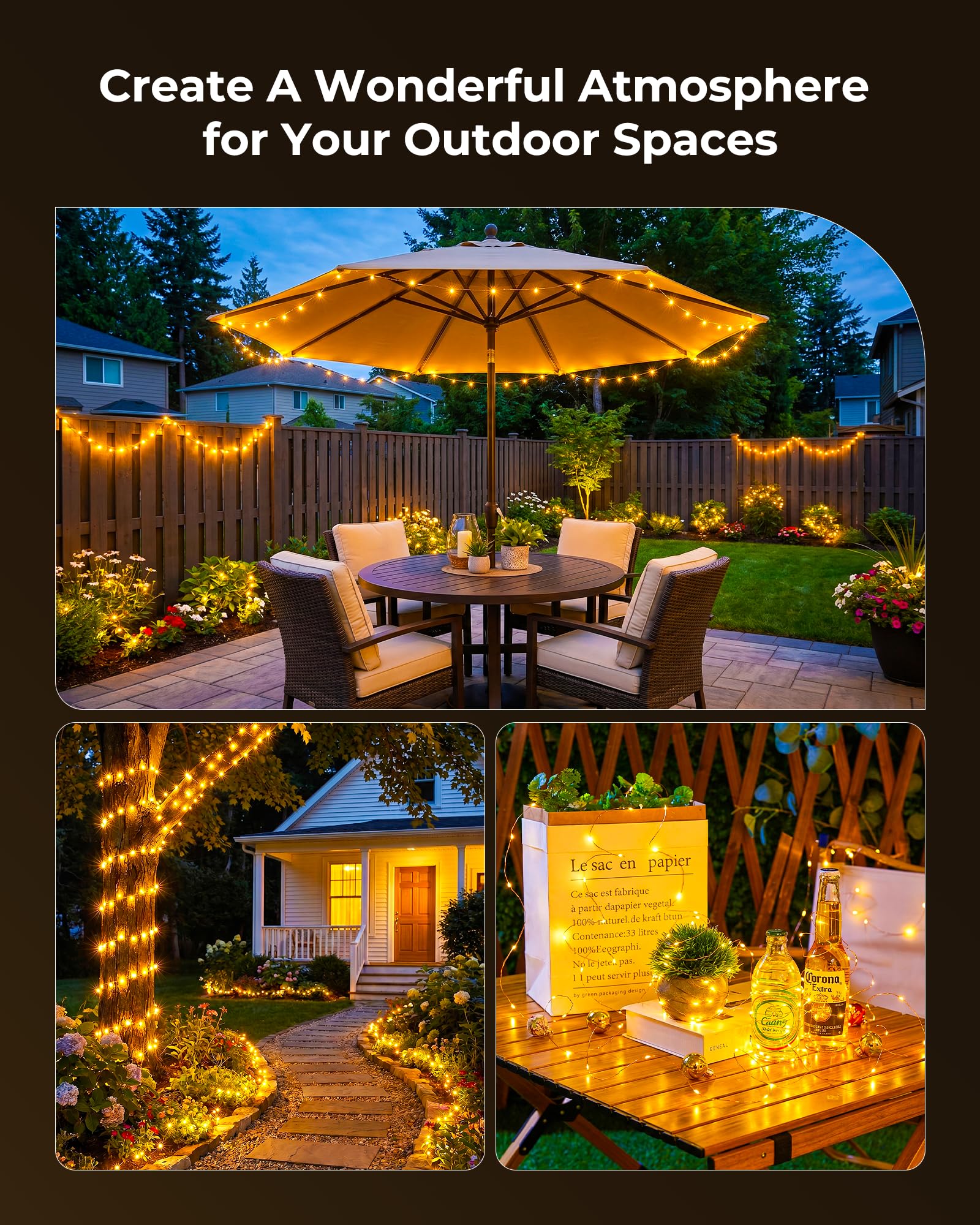 Minetom Guirnalda de luces solares, 4 paquetes en total de 400 luces LED solares de hadas de 132 pies, luces solares impermeables para exteriores, patio, árbol, boda, Navidad, blanco cálido
