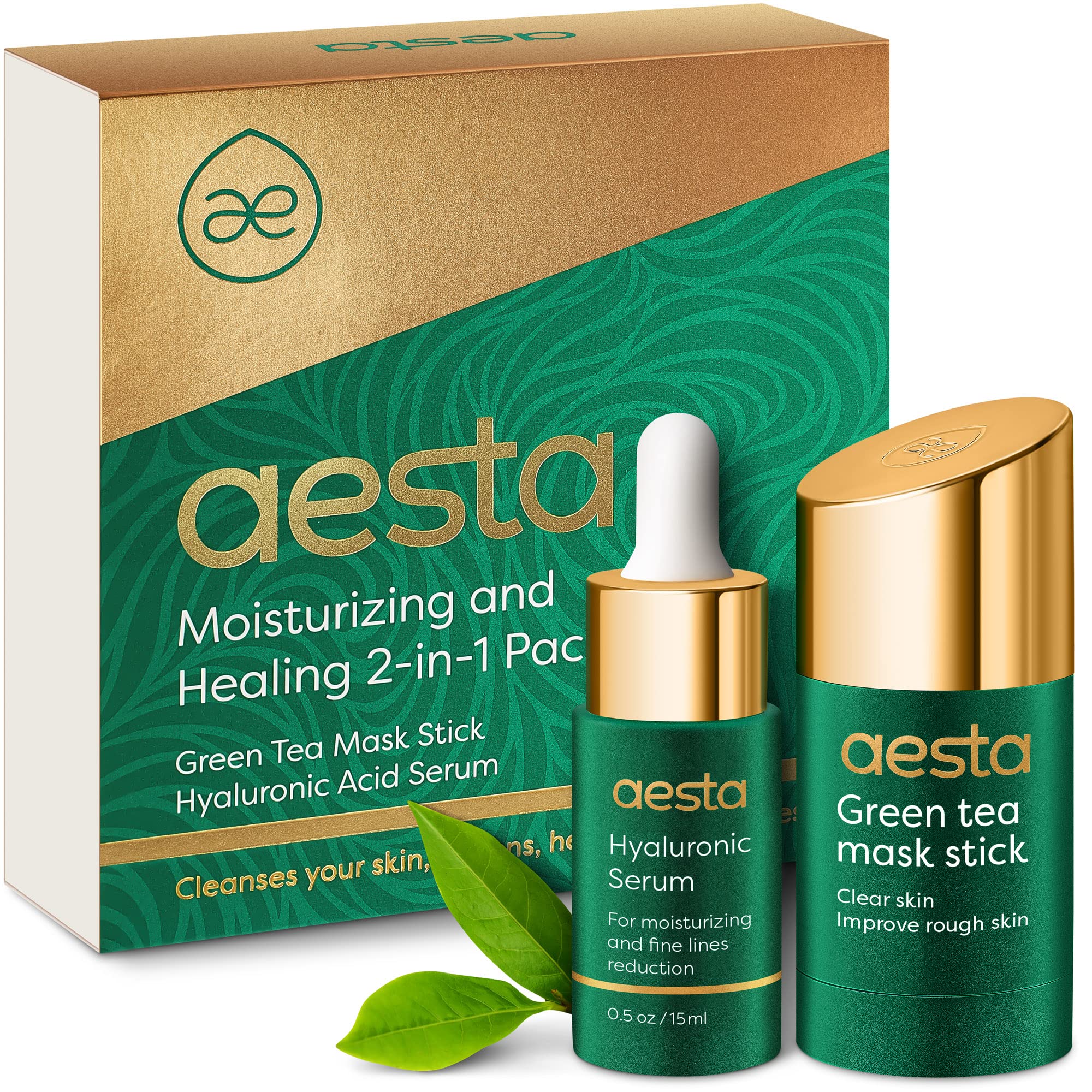 AESTA Green Tea Mask Stick + Hyaluronic Acid Serum for Face Treatment | Gradual Blackhead Remover | Pore-Cleaning, Detoxifying Face Mask, Skin Care Face Serum w/Anti Aging and Anti Wrinkle Effects