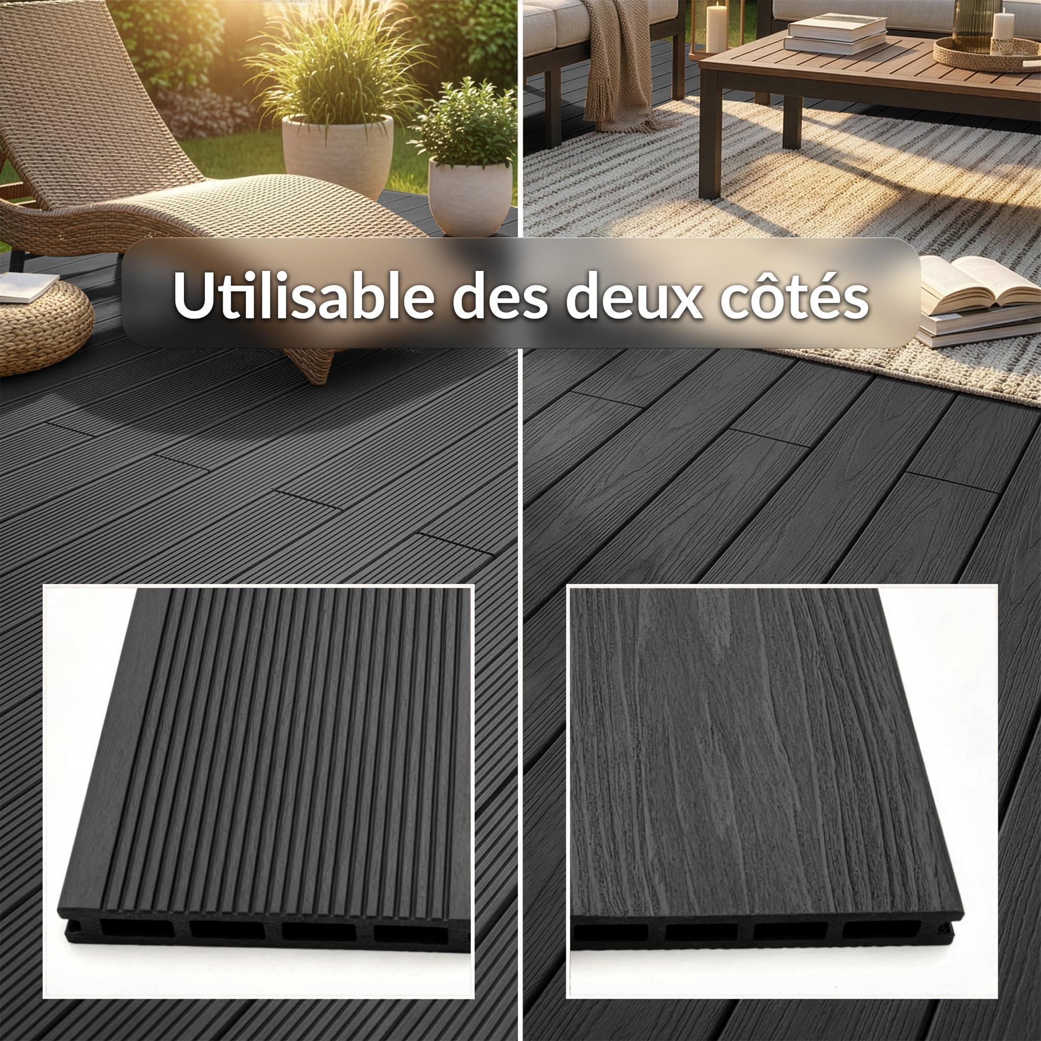 KARAT Lames de terrasse WPC Crown 220 × 14,6 cm – kit Complet 2 m² à Structure alvéolaire, avec sous-Structure & matériel de Montage, résistantes aux intempéries & aux UV (Anthracite, 220 × 14,6 cm)