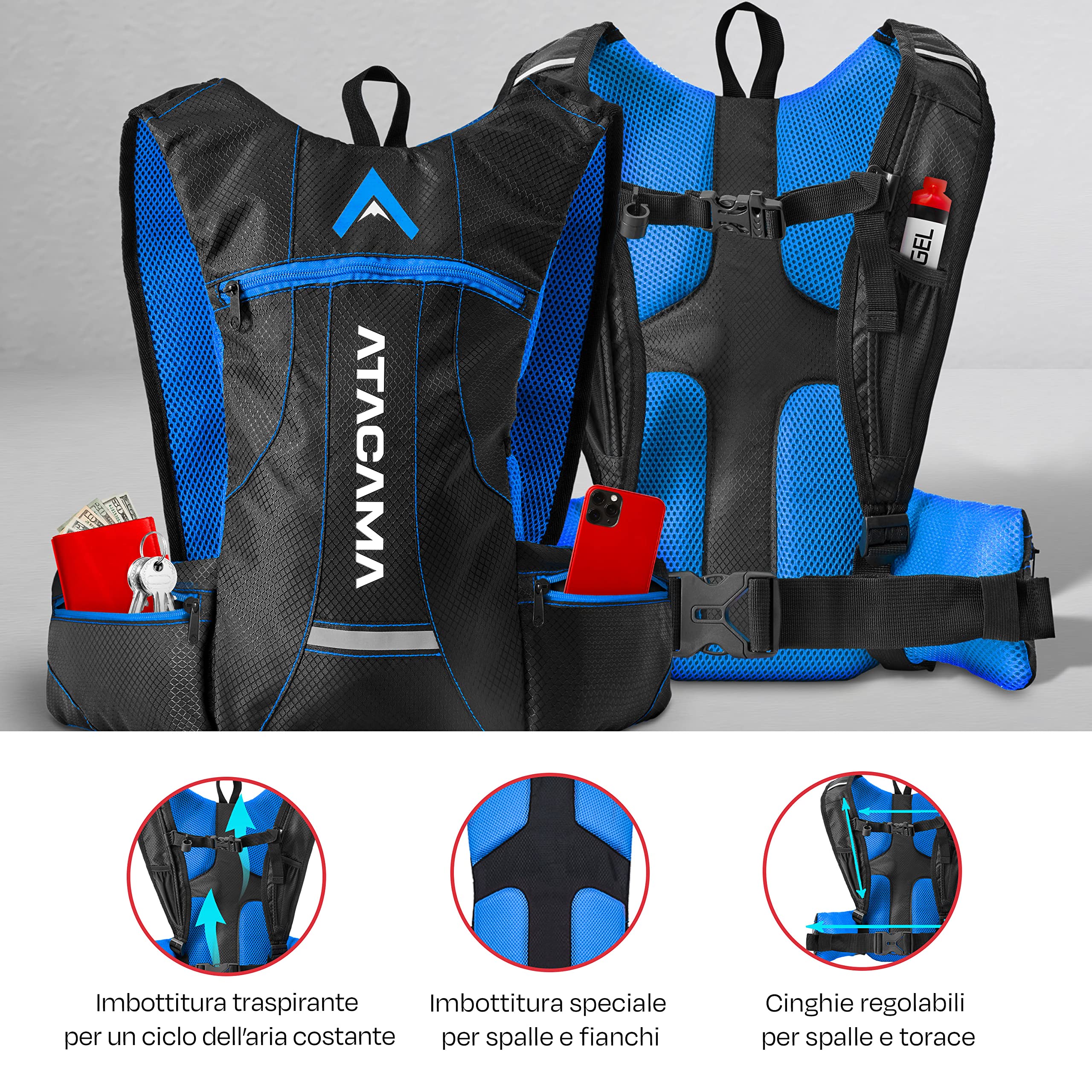 ATACAMA Zaino Idratazione Zaino per Corsa Zaino da Bici Borsa con Serbatoio d'Acqua Zaino con Sacca Idrica da 2 Litri Inclusa Zainetto con Drinking Bladder per Mountain Bike Zaino Trail Running