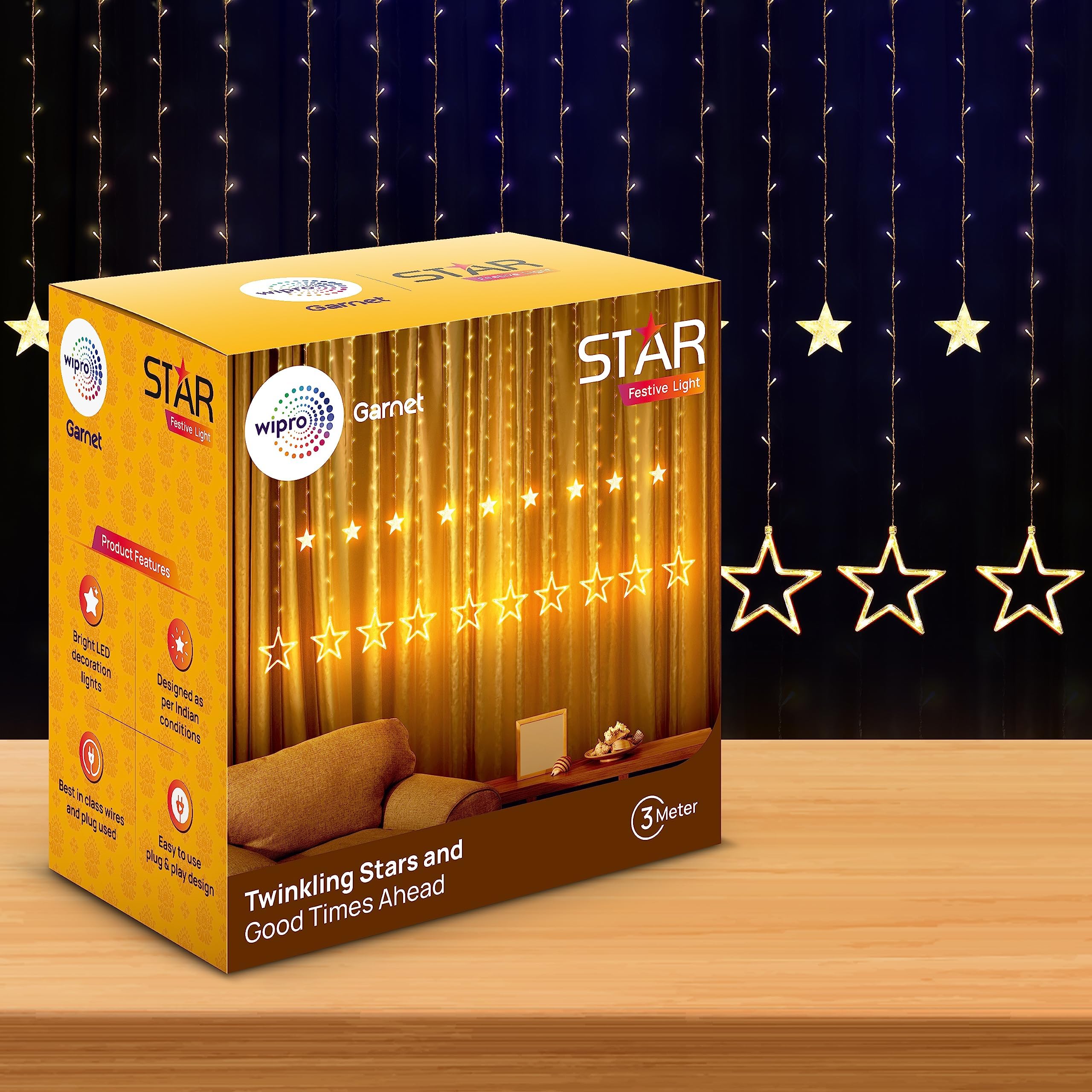 wipro Polycarbonate Garnet 12 Stars 3 Meter Curtain Led Festive Lights|Indoor String Lights|Decoration for Diwali, Wedding, New Year and Home|6 Large and 6 Small Stars|Warm White, 108 LEDs, Pack of 1