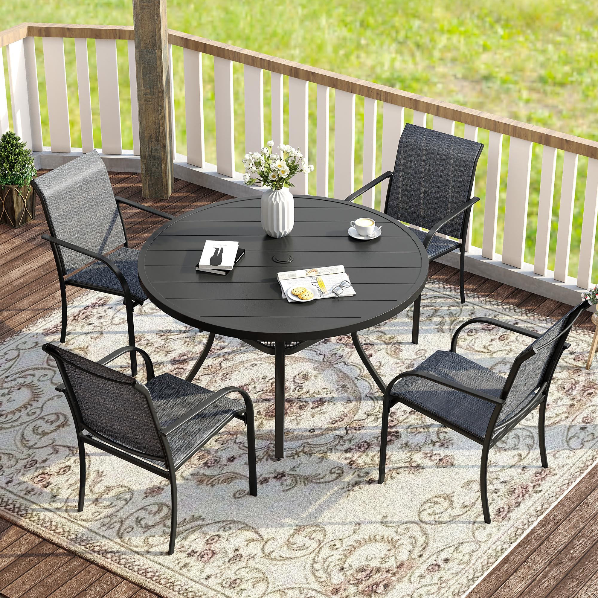 VICLLAX 5 Pieces Patio Dining Set for 4, Outdoor Furniture Set Includes 40.7" Round Patio Table and 4 Patio Stackable Chairs, Black Tabletop and Grey Fabric