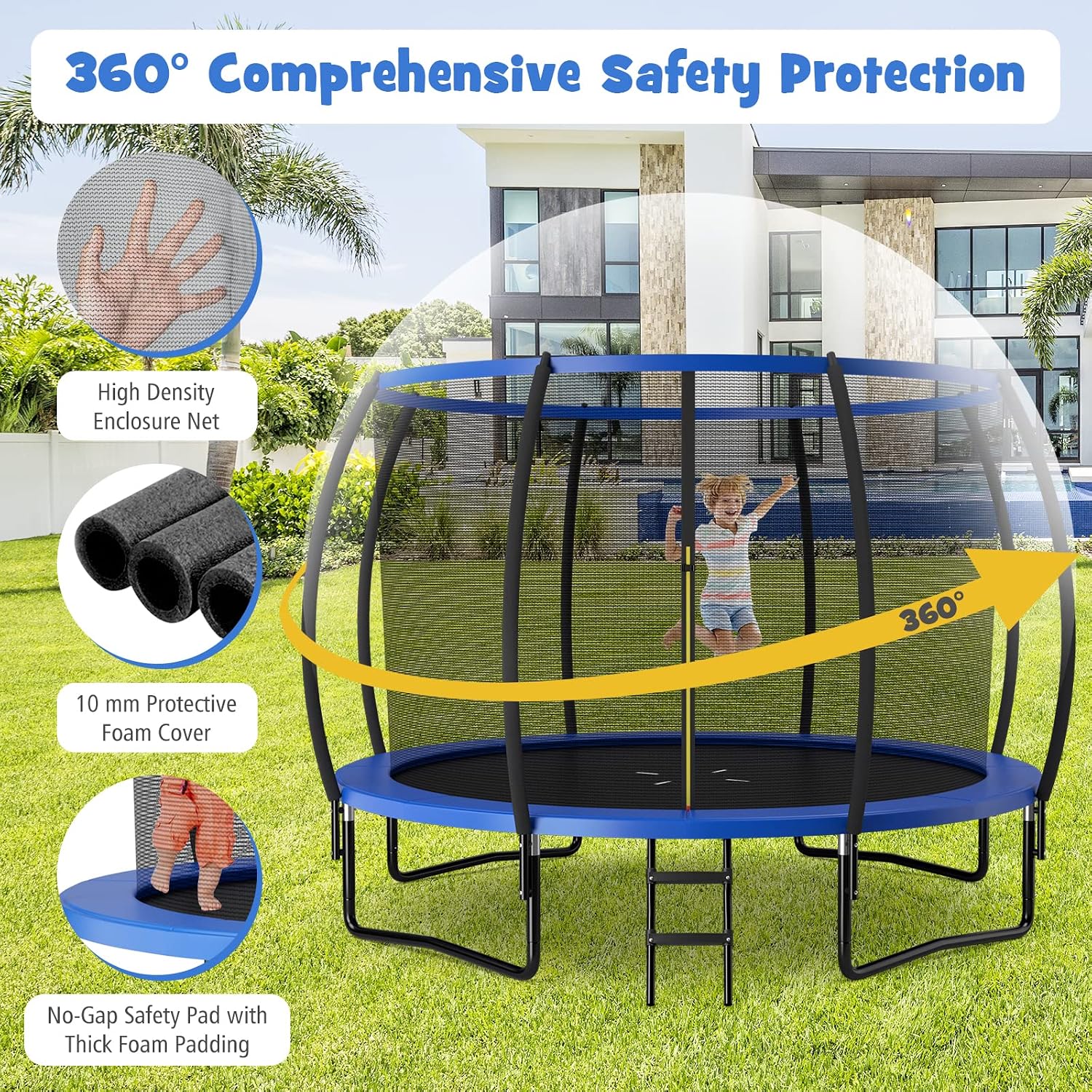 GYMAX Trampoline, 8FT 10FT 12FT ASTM Approved Recreational Trampoline with Enclosure, Ladder & Galvanized Steel Frame, Heavy Duty Anti-Rust Outdoor Trampoline for Kids Youth Adults