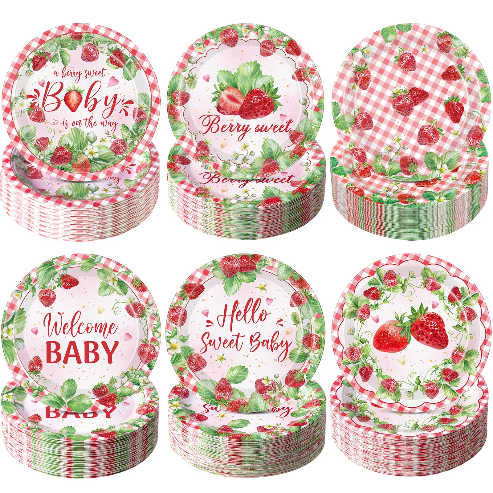 Funnymoom 60 Pcs 7 Inch Strawberry Baby Shower Paper Plates a Berry Sweet Baby Is on The Way Party Decorations Strawberry Gingham Disposable Dessert Cake Plates Birthday Party Supplies