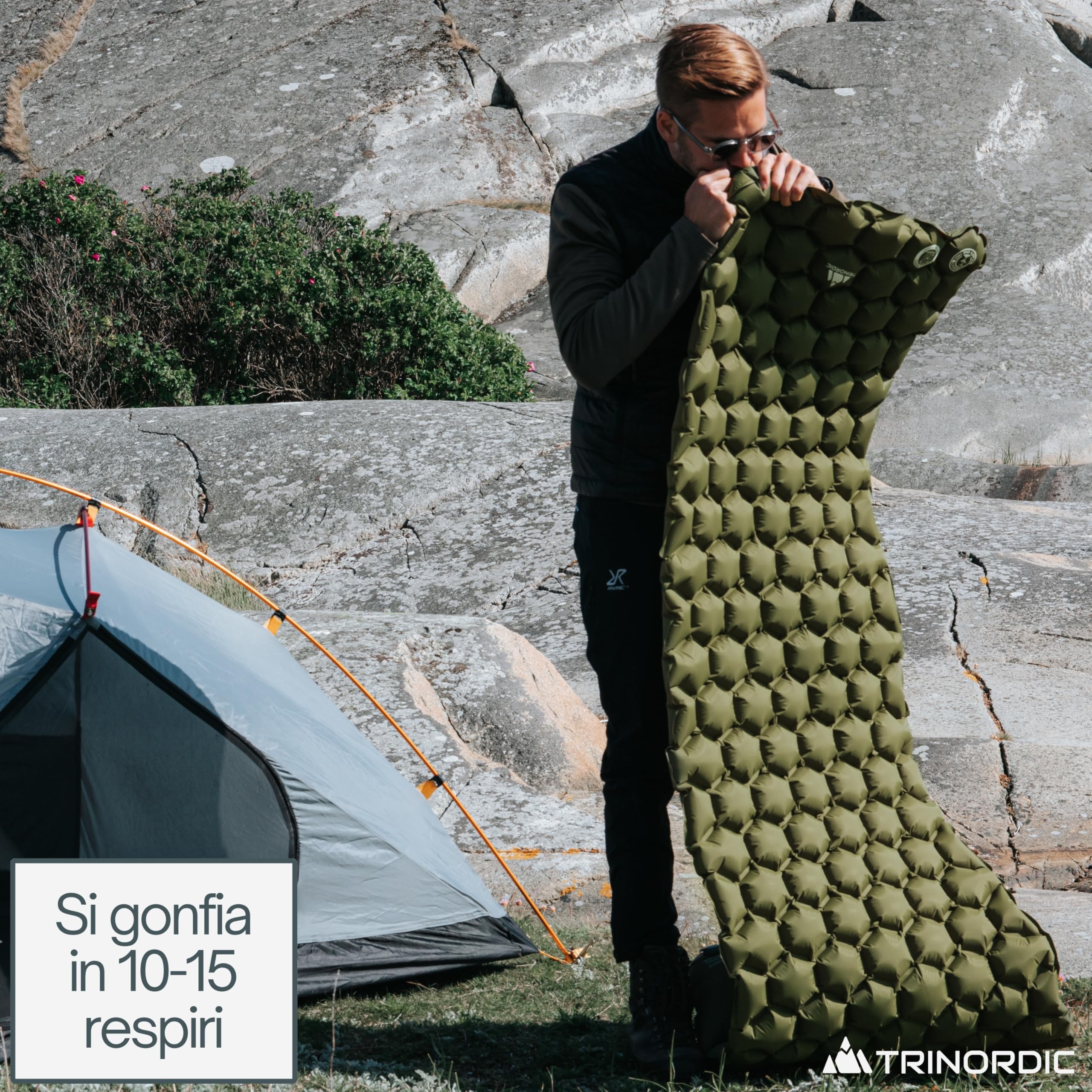Trinordic, Materassino da campeggio singolo ultra leggero e gonfiabile, con cuscino, per dormire, pieghevole, leggero, portatile, per viaggi con zaino in spalla, escursionismo e viaggi
