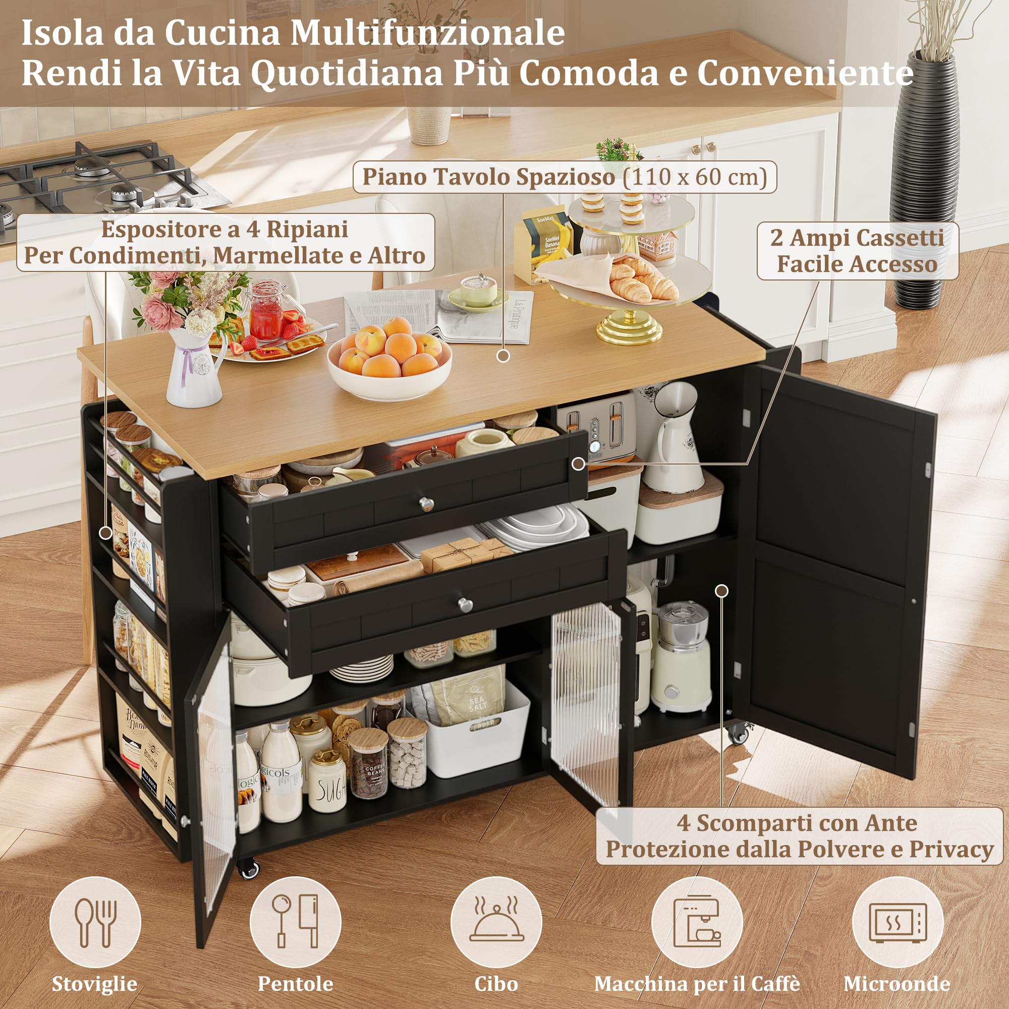 FirFurd Isola Cucina con Piano di Lavoro Pieghevole 132x40x97,5 cm Nero