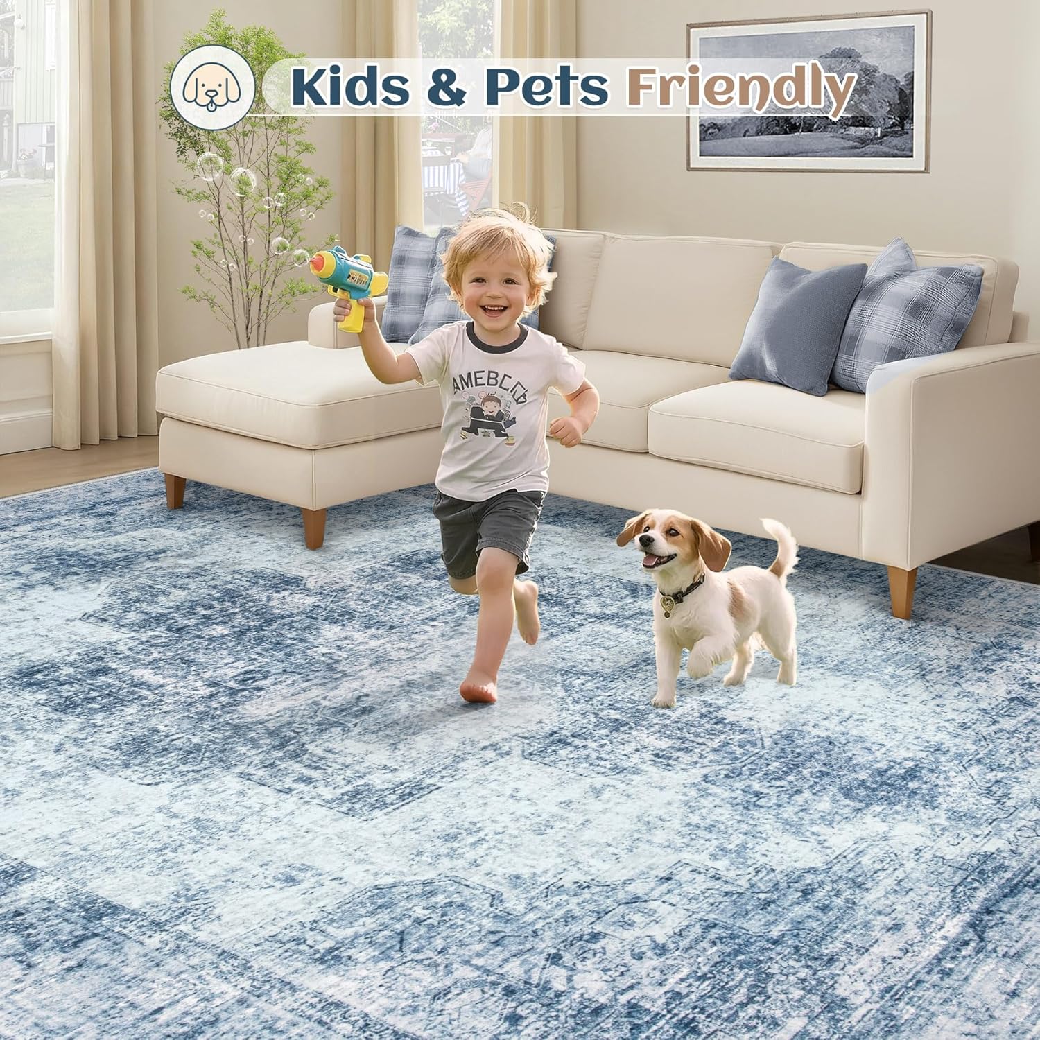 6x9 Area Rugs for Living Room, Washable Vintage Boho Medallion Rug Soft Non Slip Large Area Rug Stain Resistant Indoor Retro Carpet for Bedroom Nursery Kids Dining Room Home Office(Blue, 6'x9')