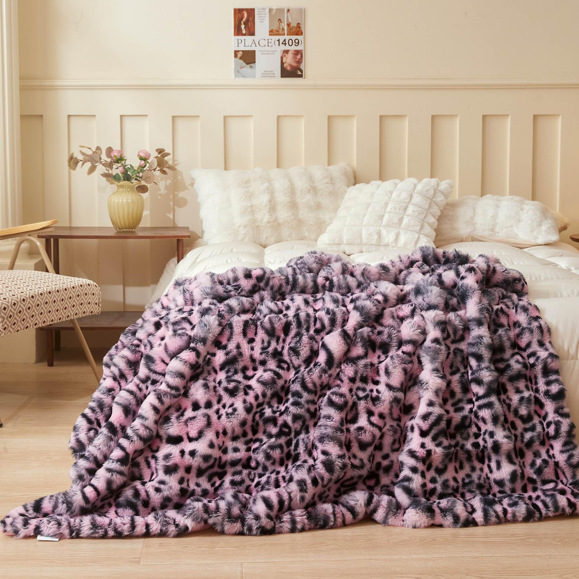 LIFEREVO Leopard Print Fluffy Faux Rabbit Fur Throw Blanket 150x200cm, Pink