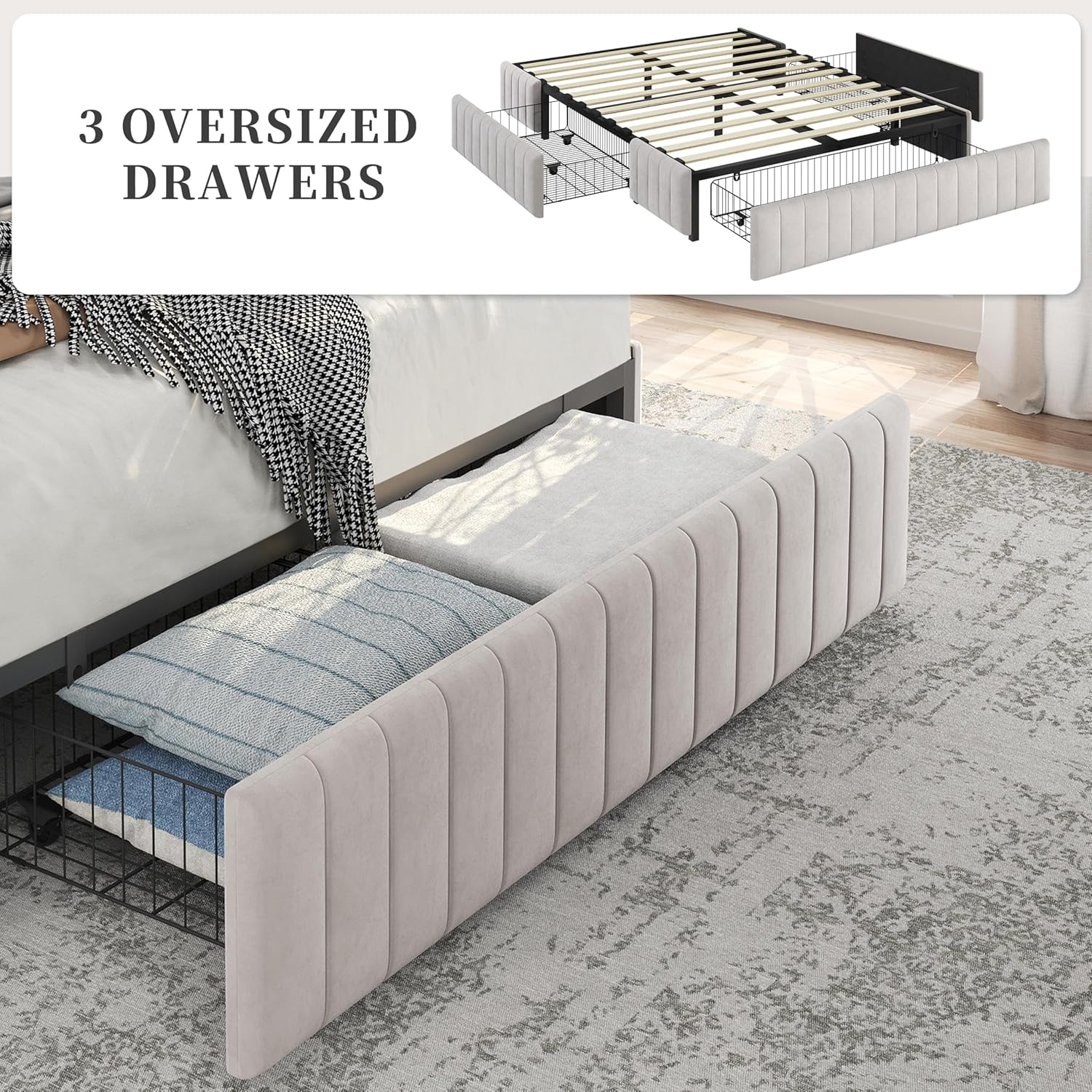 Diagram of sturdy metal frame and drawer features