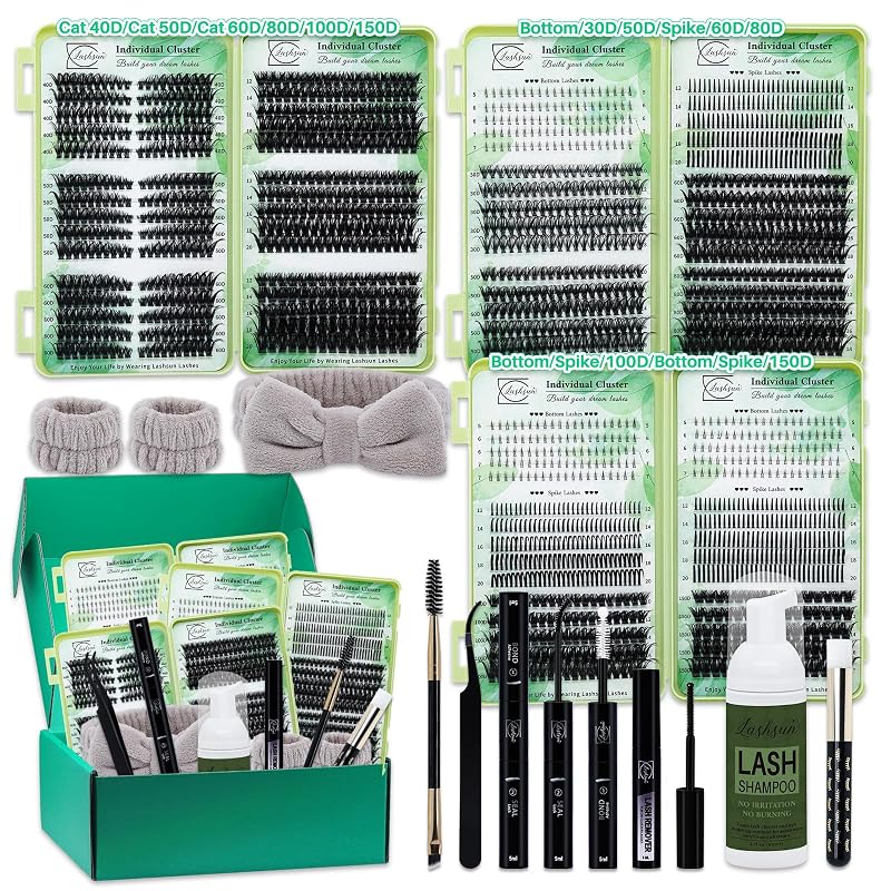 Kit de cílios em tufos LASHSUN Cat Eye com cílios superiores, inferiores e Spike, adesivo Bond & Seal, removedor e ferramentas