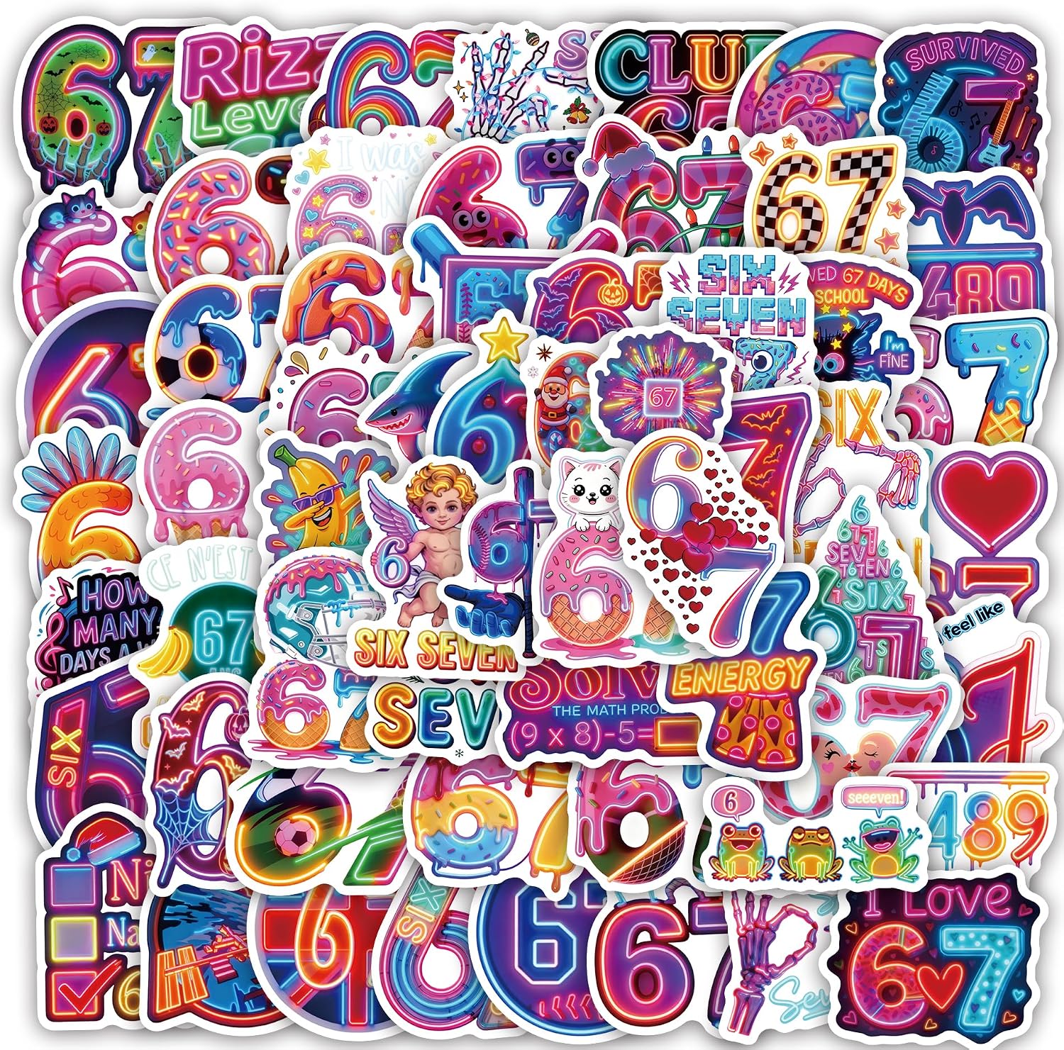 60PCS Neno Six Seven Meme Stickers Pack, Funny 6 7 Stickers， Waterproof Vinyl Decals for Water Bottles, Laptop, Phone, Luggage, Skateboard, Fun Internet Meme Gifts for Teens, Adults, Friends