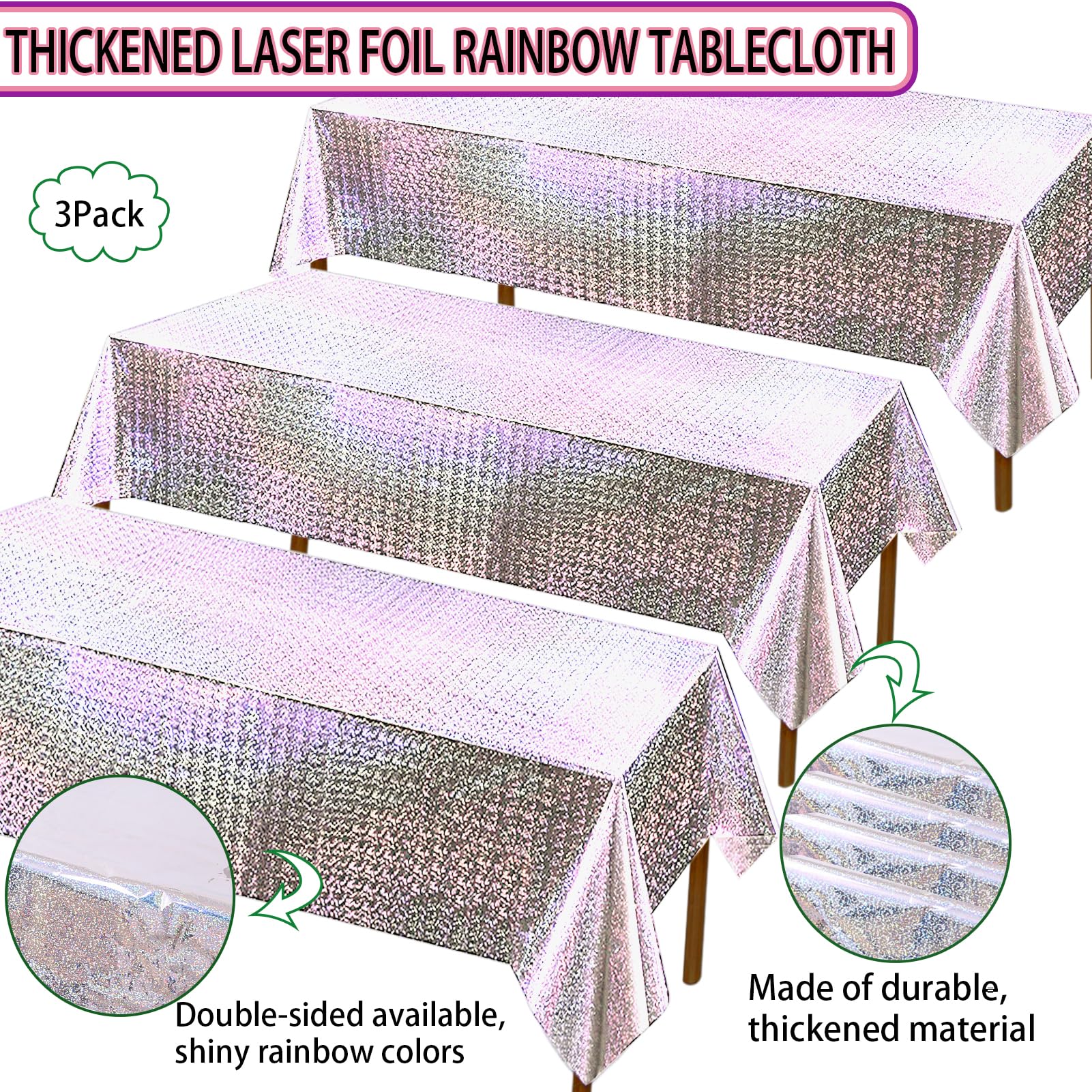 3 Pack Sparkling Holographic Laser Rectangular Tablecloth - Shimmering, Waterproof, Easy to Clean - Ideal for Bachelorette, Birthday, Wedding, and Anniversary Party Decorations (Silver)