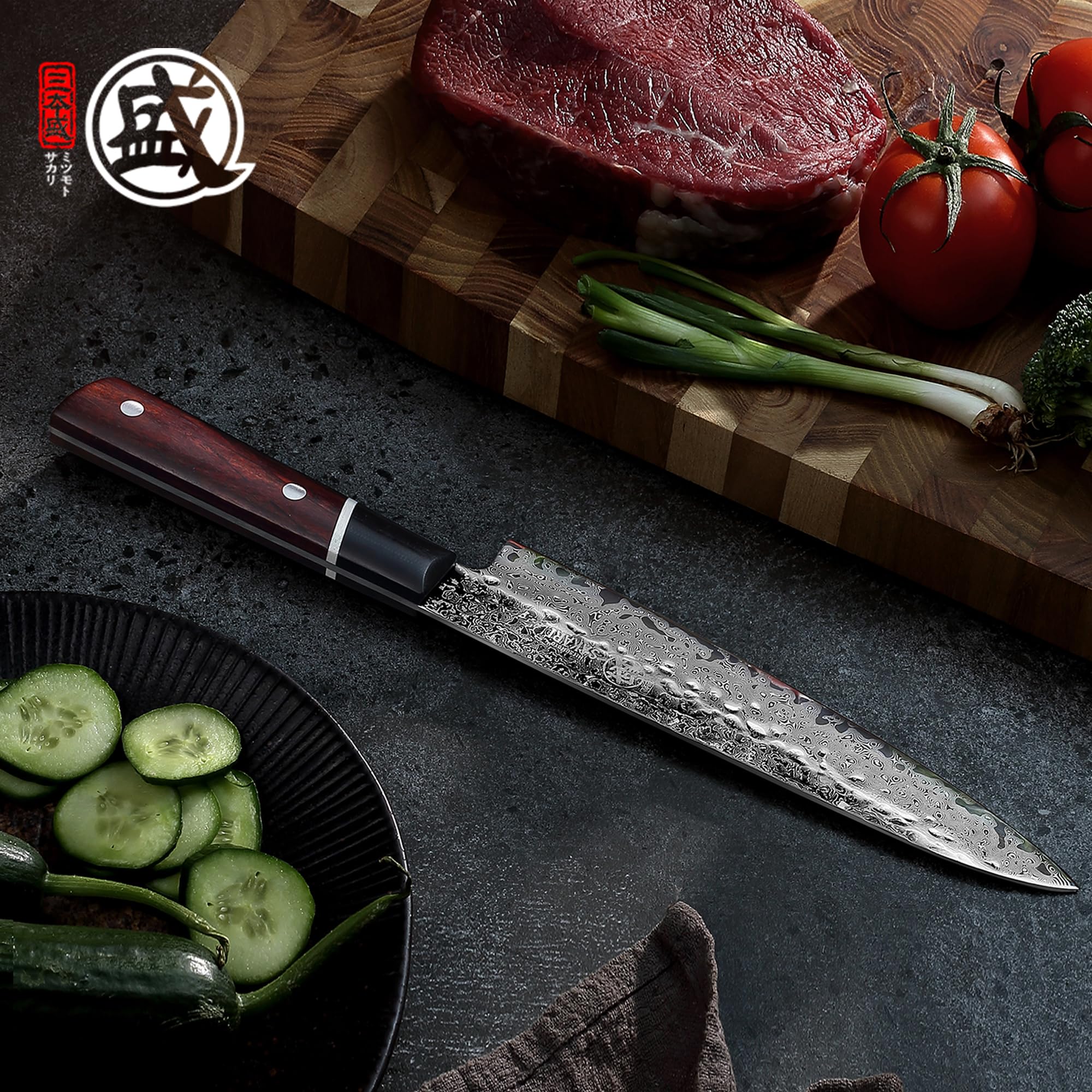 MITSUMOTO SAKARI Coltello da Cucina Gyuto 20 cm S440C in Polvere | Acciaio Damasco a 73 Strati, Coltello da Cucina Giapponese Forgiato a Mano, Manico G10 in Legno di Sangue