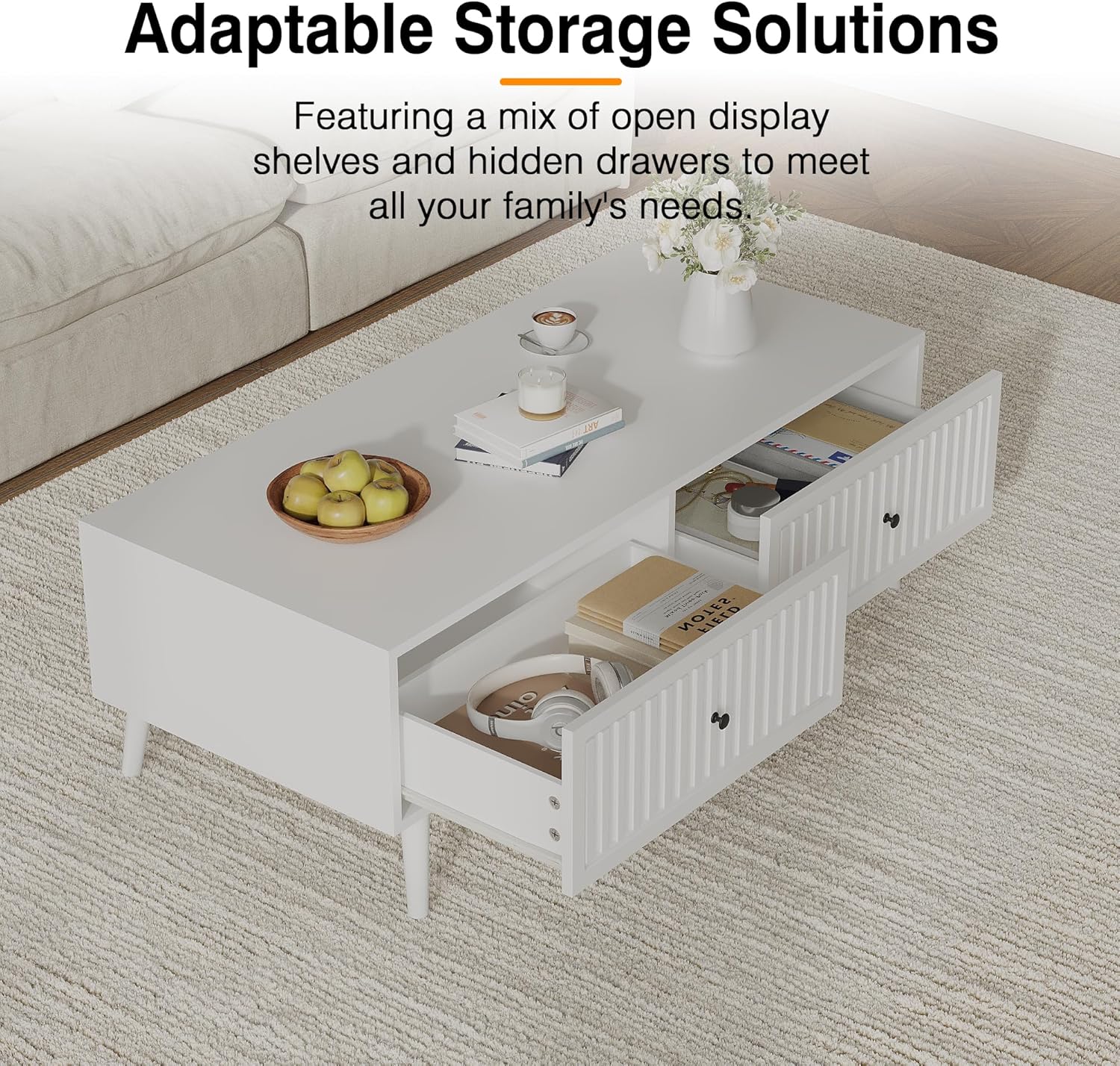 Farmhouse Coffee Table for Living Room, Wood Coffee Table with Storage 2 Drawers, White