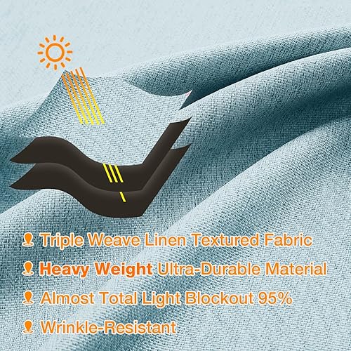 Miniatura 4 de Cortinas opacas de lino para sala de estar, azul aguamarina de 40 pulgadas de ancho, 95 pulgadas de largo, juego de 2 paneles, textura de arpillera
