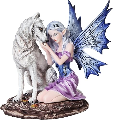 PTC Figura de estatua de resina de hada alada azul de 6.75 pulgadas con lobo blanco