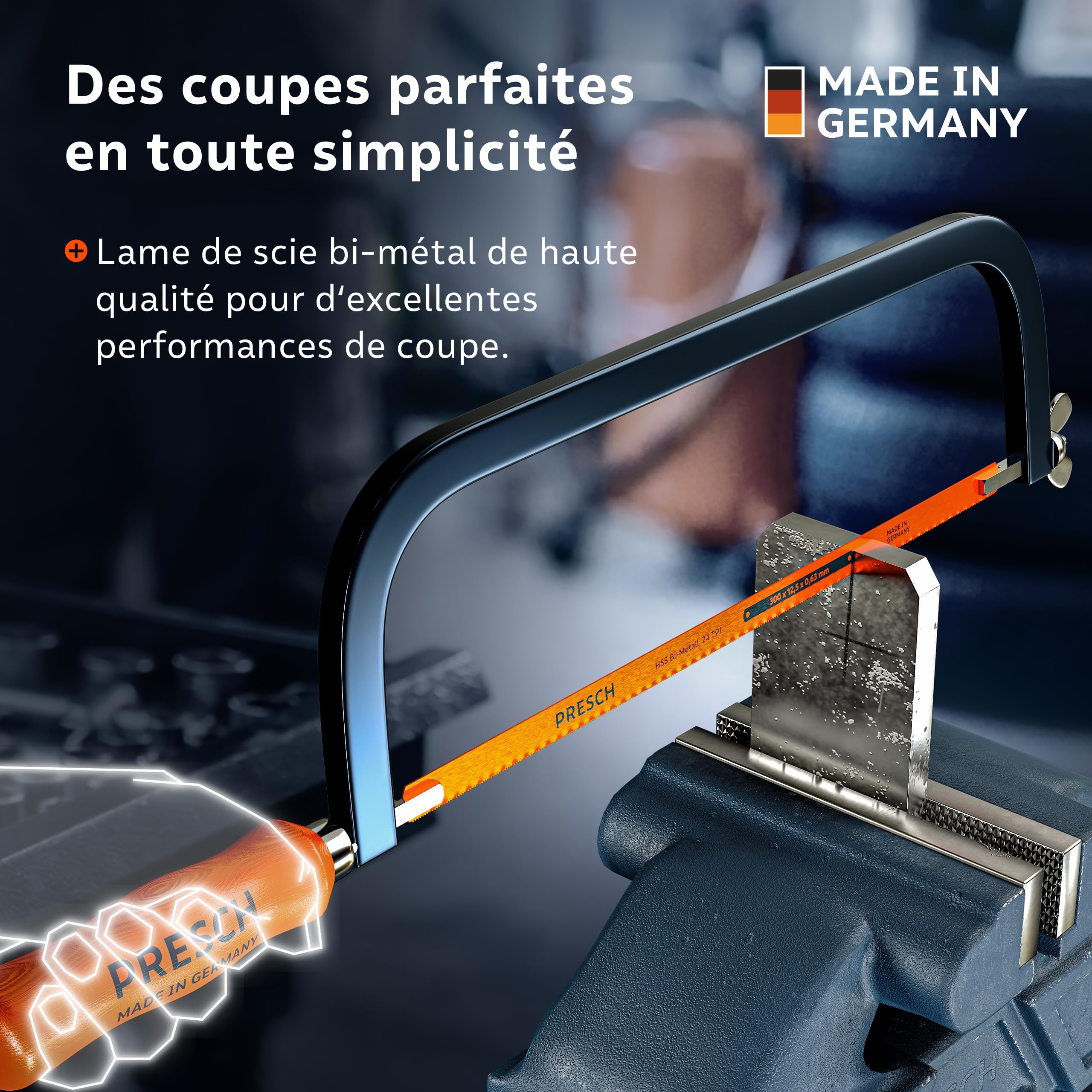 Presch Scie à métaux 300mm - Avec lame de scie BI-métal pour une coupe précise - Rotation de 90° de la lame pour des coupes horizontales & verticales - Changement rapide des lames