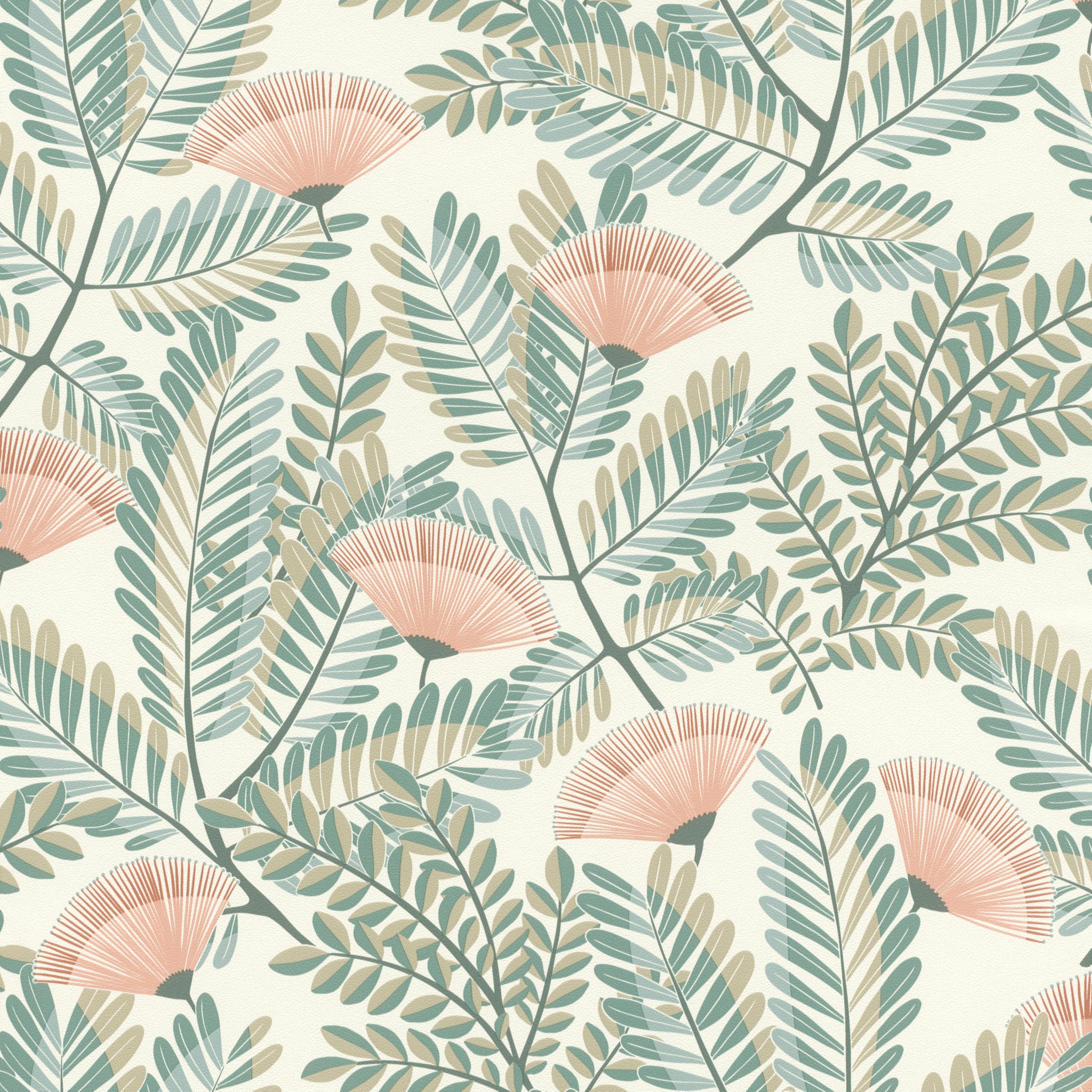 Rasch Non-Woven Wallpaper Flowers & Leaves - Exotic Vinyl Wallpaper Botanical in White Brown Turquoise for an Exotic Living Environment - Robust and Washable - 10.05 m x 0.53 m