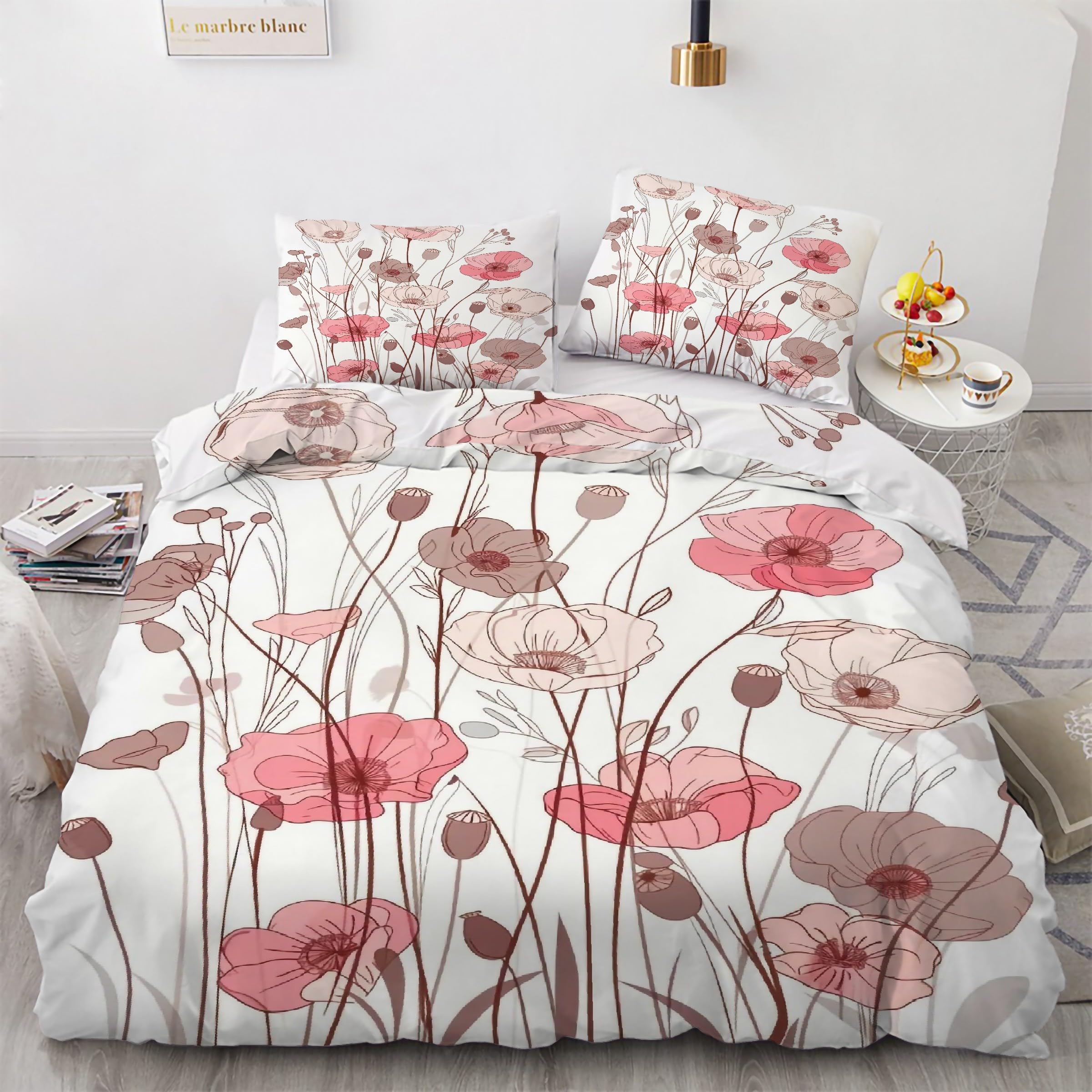 Housse de couette 200x200 rose fleur de pavot avec 2 taies d'oreiller