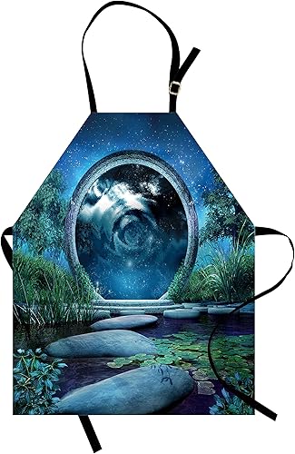 Lunarable Fantasy Apron, Landscape with Portal and Blue Lake Plants Rock Path Cosmic Sky, Unisex Kitchen Bib with Adjustable Neck for Cooking