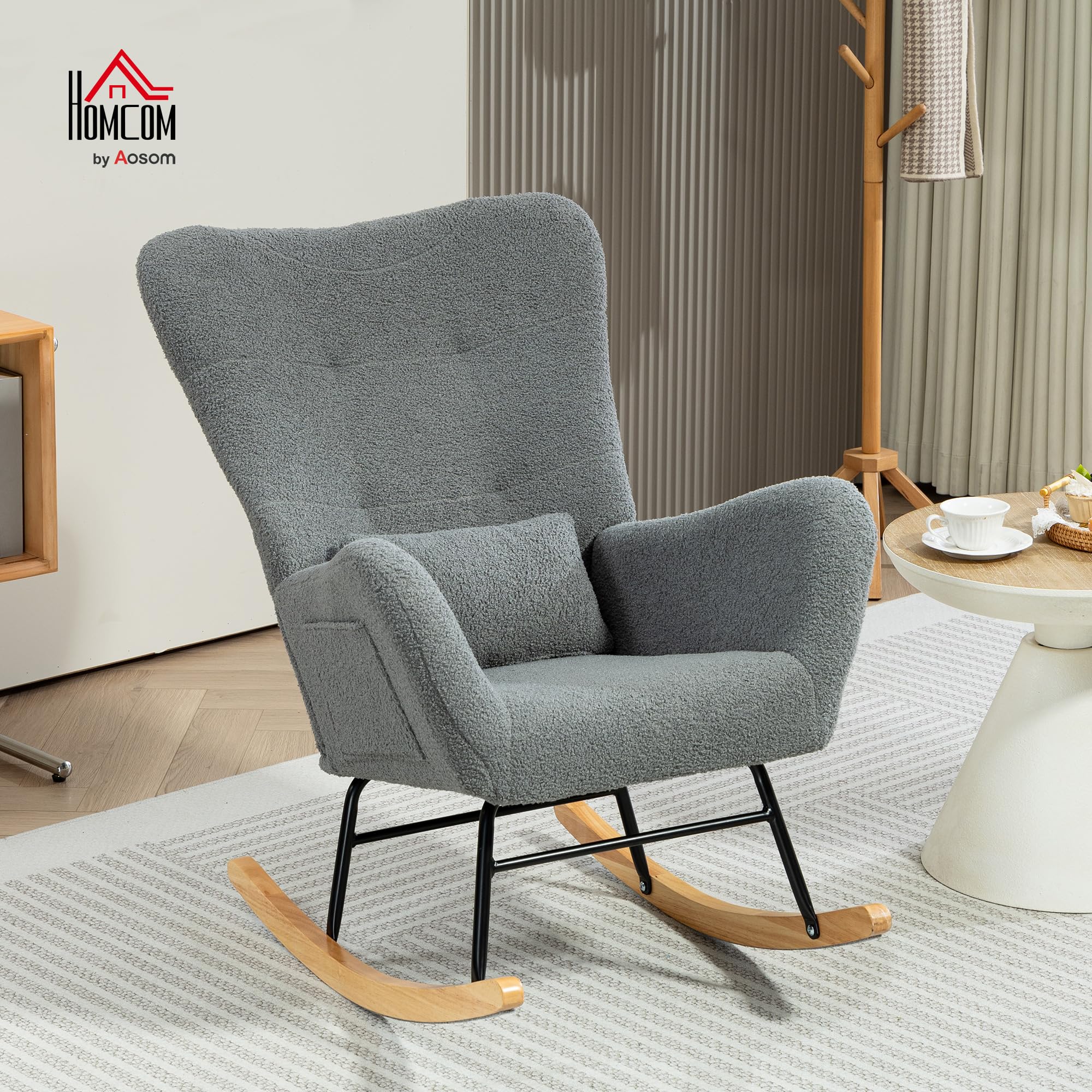HOMCOM Silla Mecedora Moderna, Mecedora Tapizada en Terciopelo de Teddy, Sillón de Lactancia con Respaldo Acolchado Alto, Almohada, Patas de Madera, Bolsillo Lateral, para Dormitorio, Salón, Gris