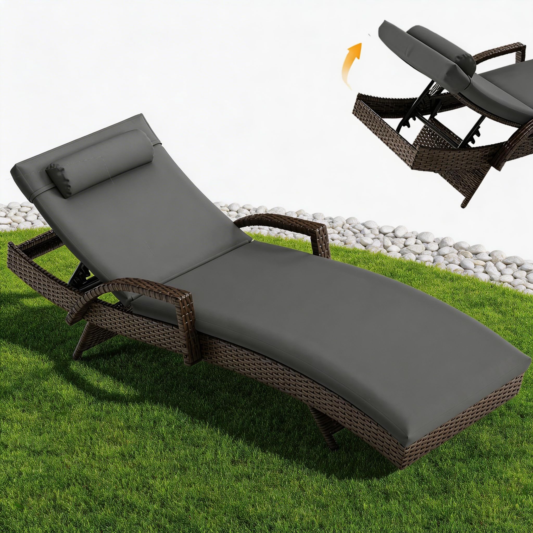 UDPATIO Transat Jardin Exterieur - Chaise Longue Bain de Soleil en Résine Tressée, Dossier Réglable 5 Positions, Fauteuil de Jardin avec Coussin et Appuie-tête, pour Jardin, Terrasse et Balcon, Marron