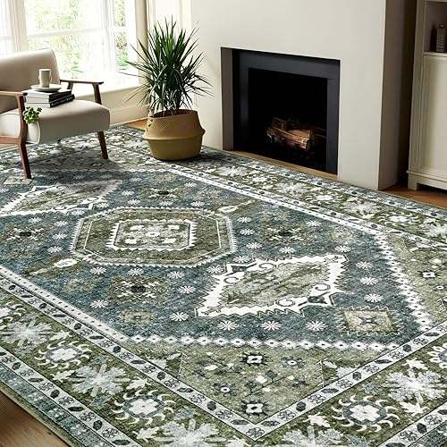 Miniatura 13 de Alfombra bohemia lavable para pasillo de cocina, 2 pies 6 pulgadas x 8 pulgadas, verde oliva y azul, suave, vintage, antideslizante, para entrada