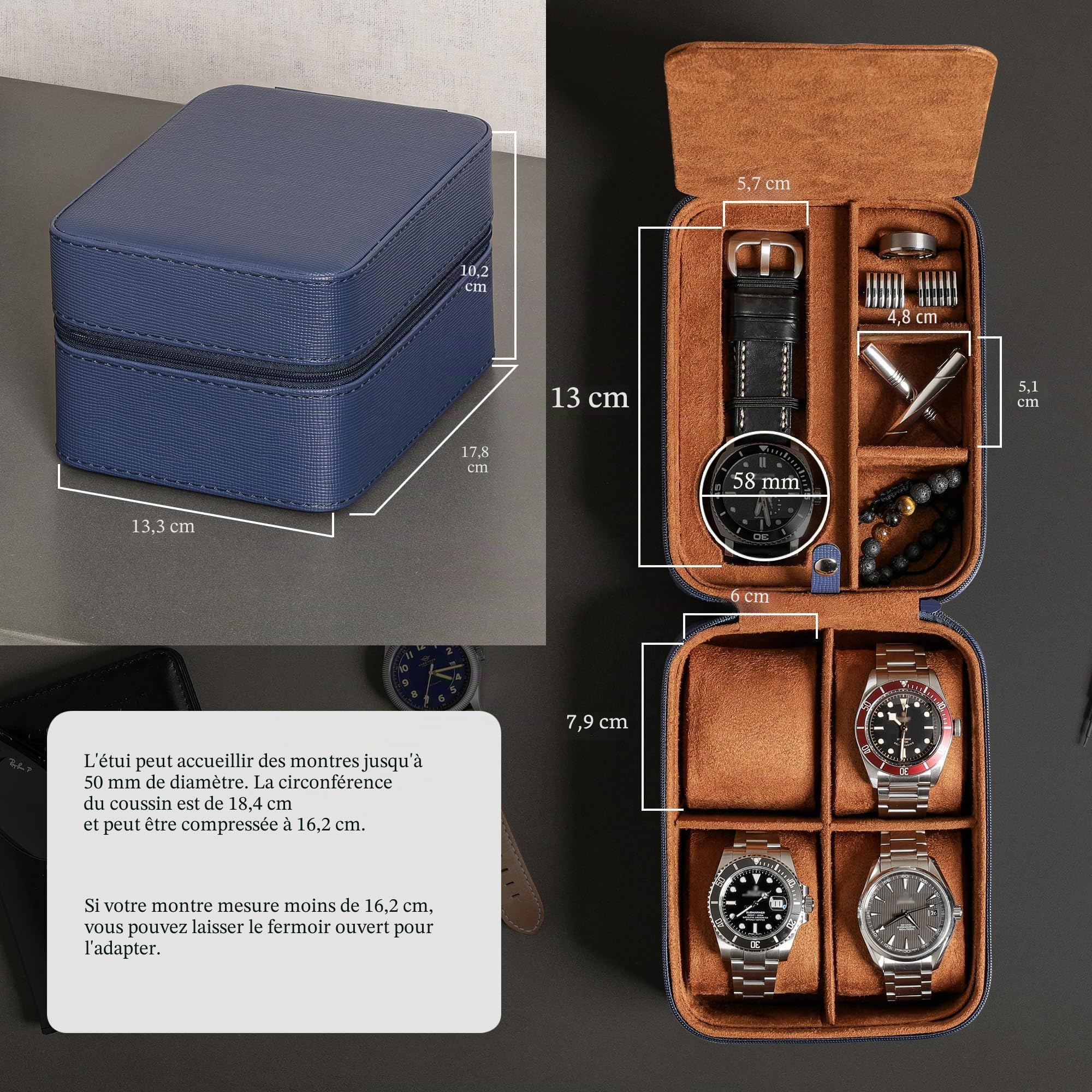 ROTHWELL Étui de voyage pour 5 montres, Ecrins pour montres - Protection robuste et portable avec fermeture éclair - S'adapte à toutes les montres jusqu'à 50 mm (BleuBeige)