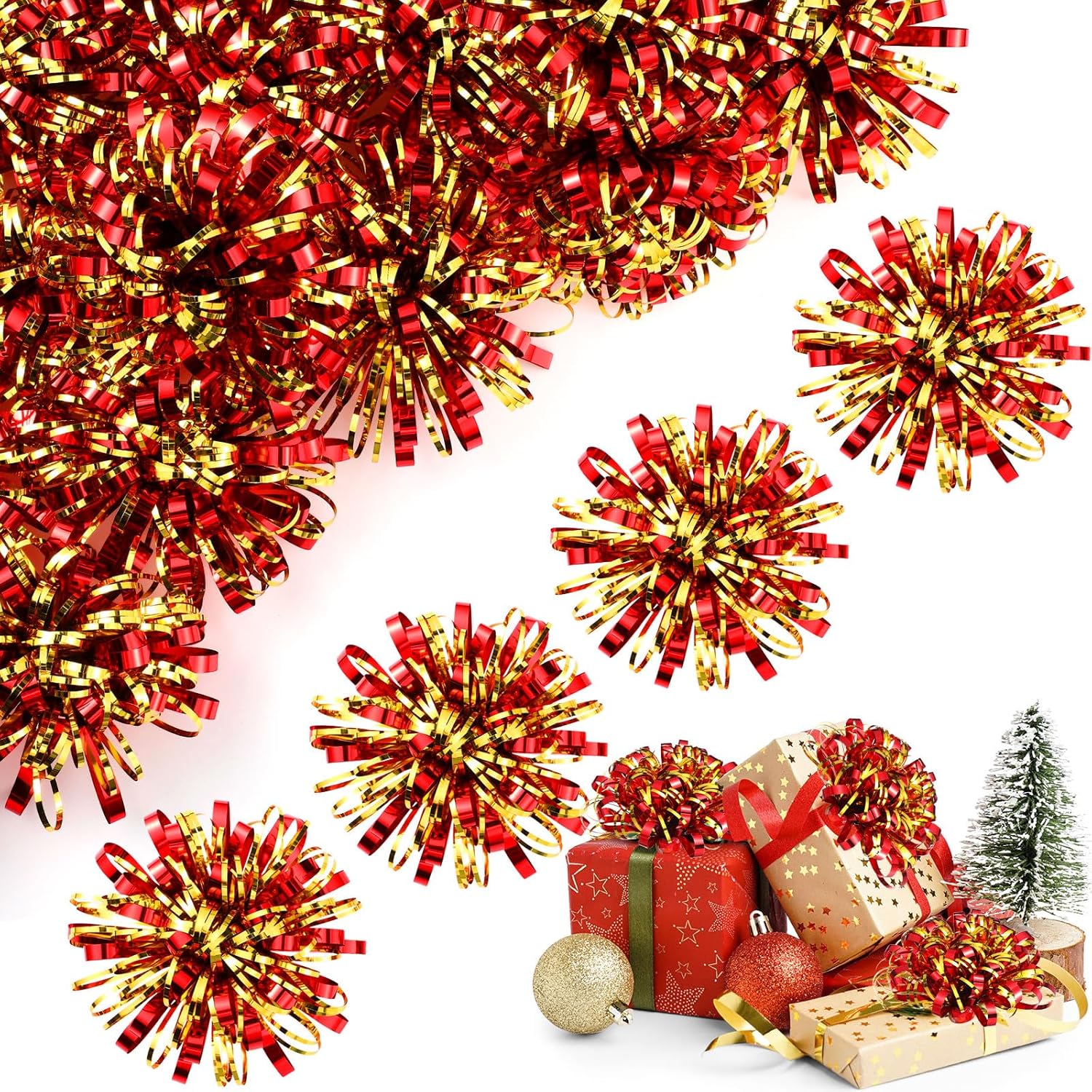 Yunlly 40 Pcs 4'' Christmas Bows Gift Wrapping Self-Adhesive Metallic Assorted Size Christmas Present Bows with Ribbon for Gift Basket, Holiday, Birthday, Anniversary(Red, Gold)