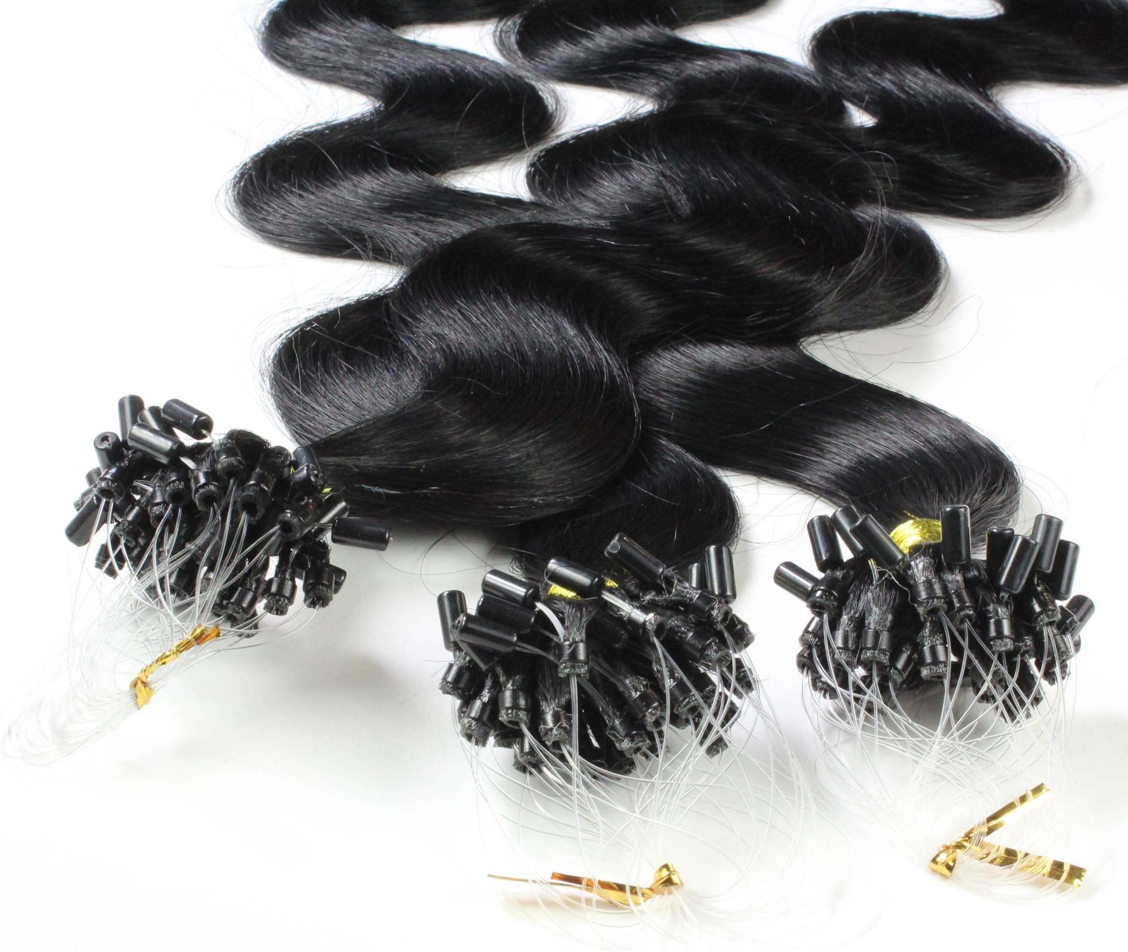 Hair2Heart 50 x 1g Microring Loop Extensions, - 16", colour #1 black, wavy